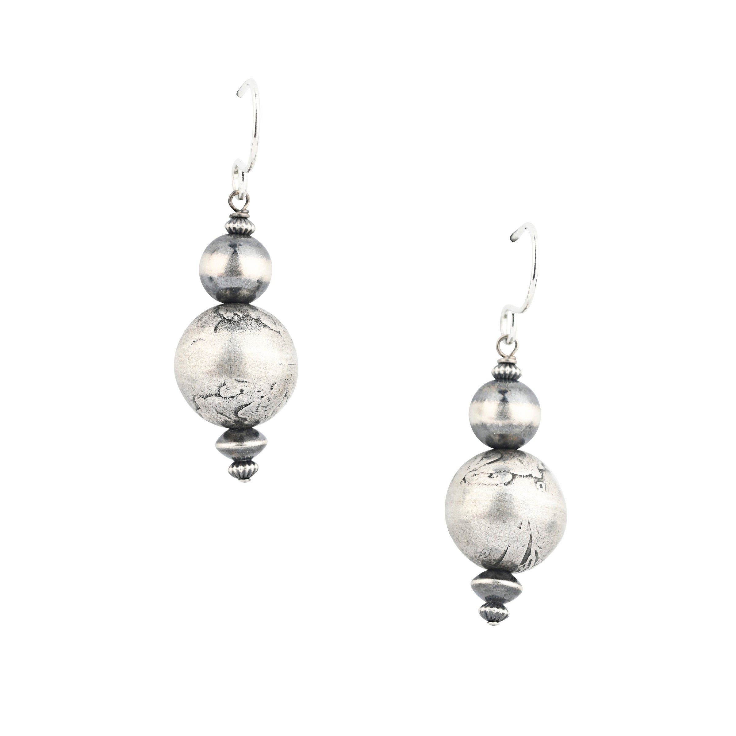 Our beaded drop earrings feature large Vintage Mercury Dime beads, Classic Desert Pearl beading, and Desert Pearl Saucers: both smooth and corrugated.