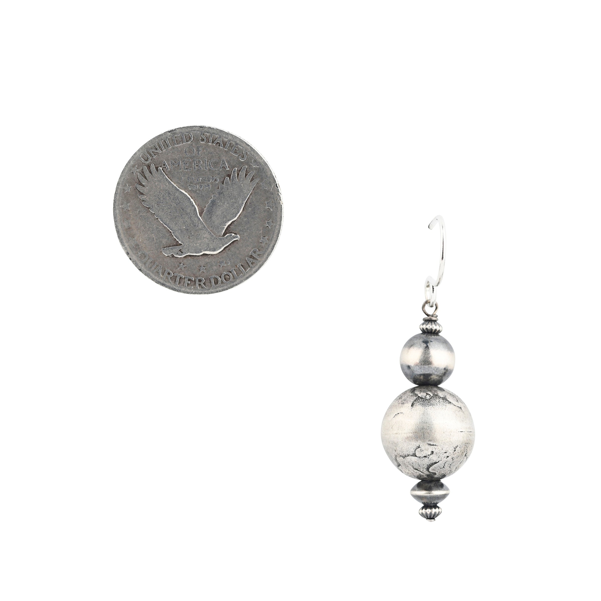 Our beaded drop earrings feature large Vintage Mercury Dime beads, Classic Desert Pearl beading, and Desert Pearl Saucers: both smooth and corrugated.