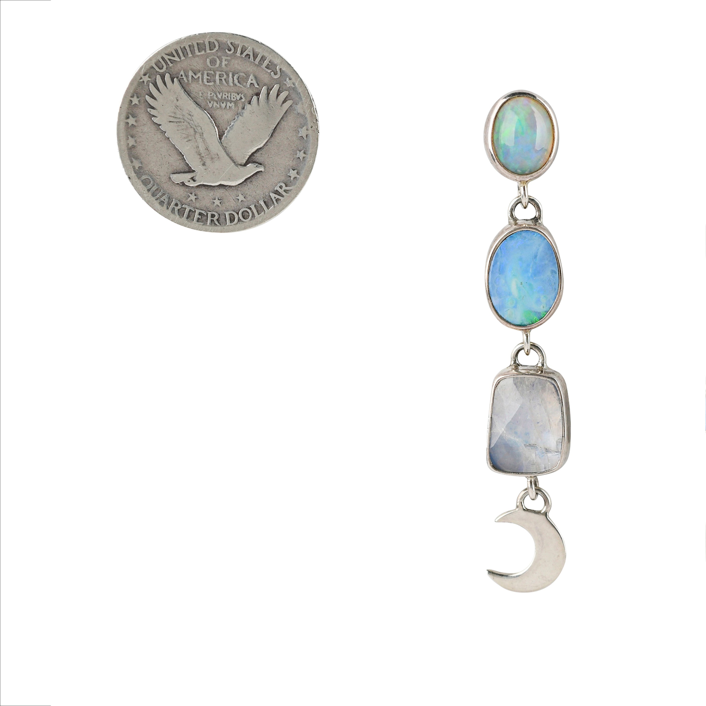 Sterling Silver, Labradorite, Opal and Moon charm post dangle earrings.