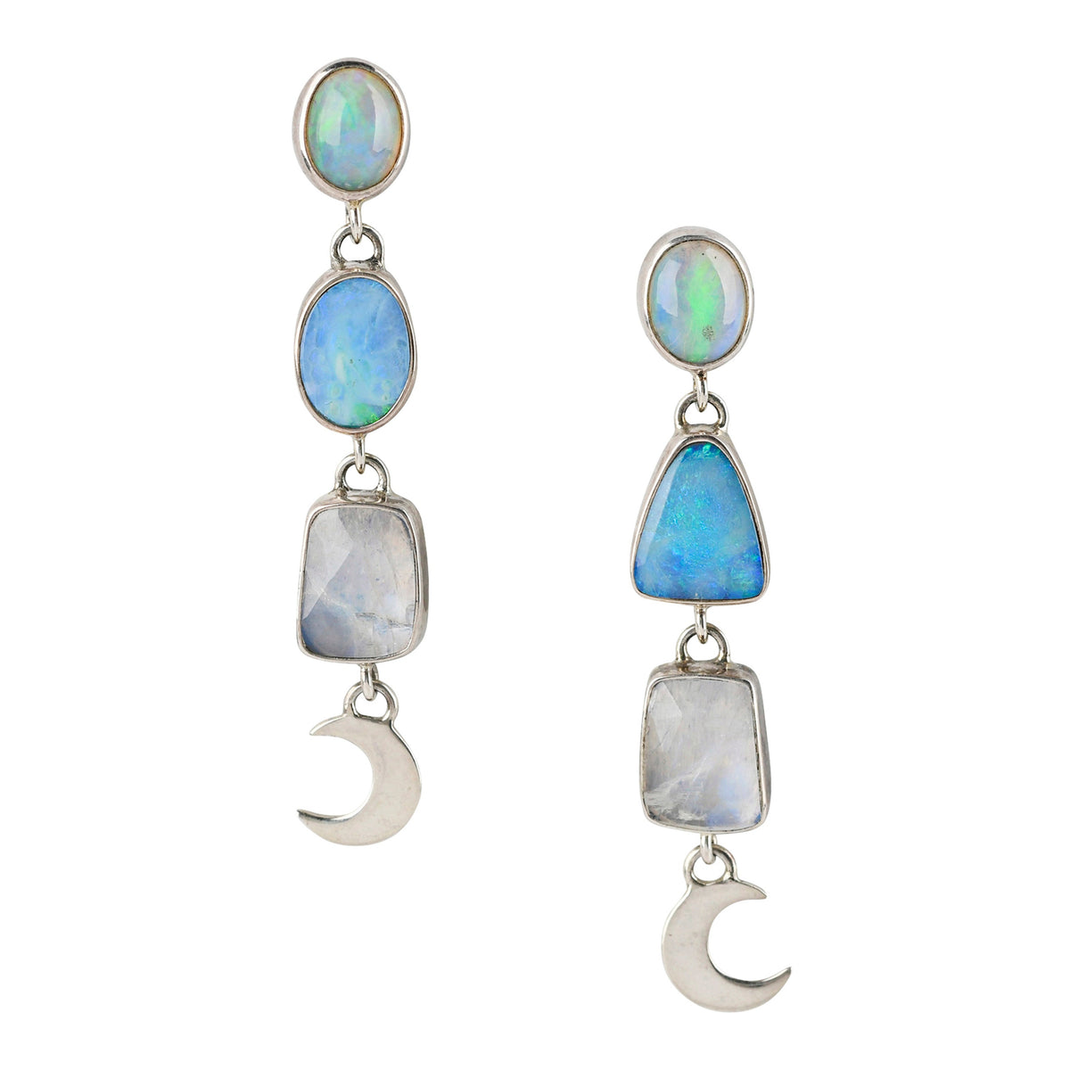 Sterling Silver, Labradorite, Opal and Moon charm post dangle earrings.