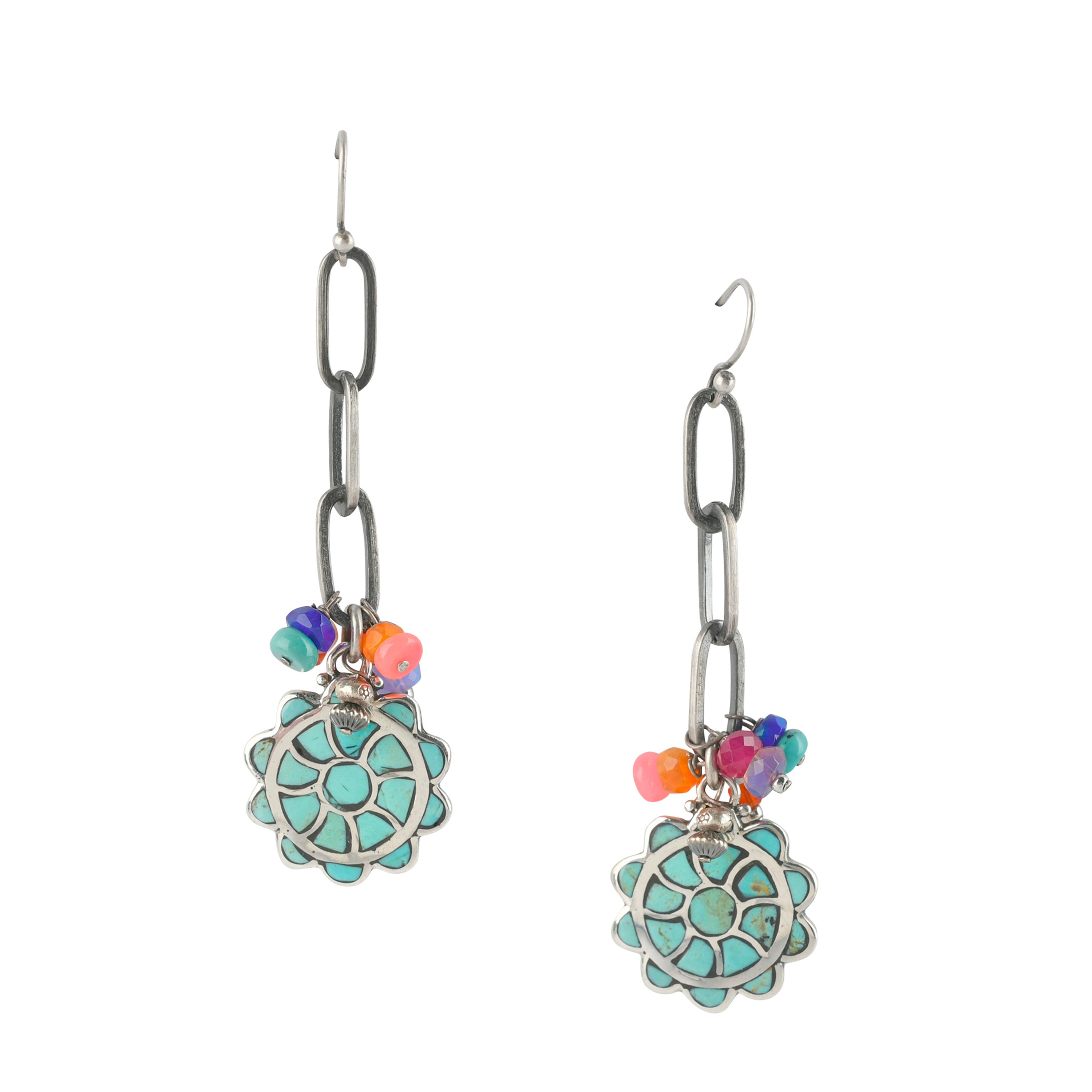 Sterling silver chain, Ethiopian opals and turquoise inlay round beaded earrings.