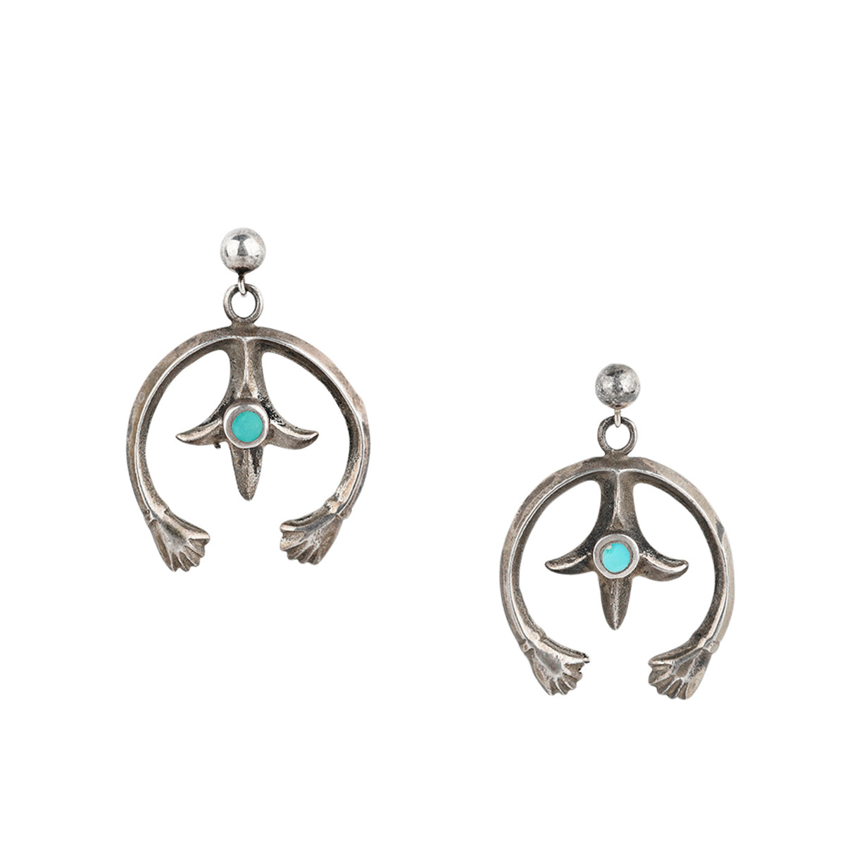 A pair of Vintage Sterling Silver earrings of outreached hands encircling a fleur motif with a round of Blue Turquoise as the centerpiece.