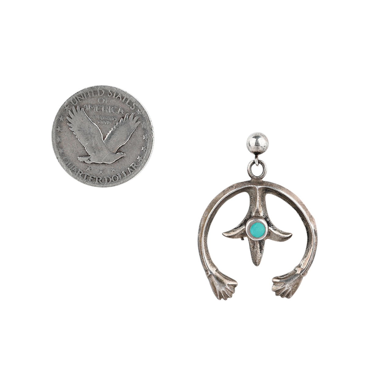 A pair of Vintage Sterling Silver earrings of outreached hands encircling a fleur motif with a round of Blue Turquoise as the centerpiece.