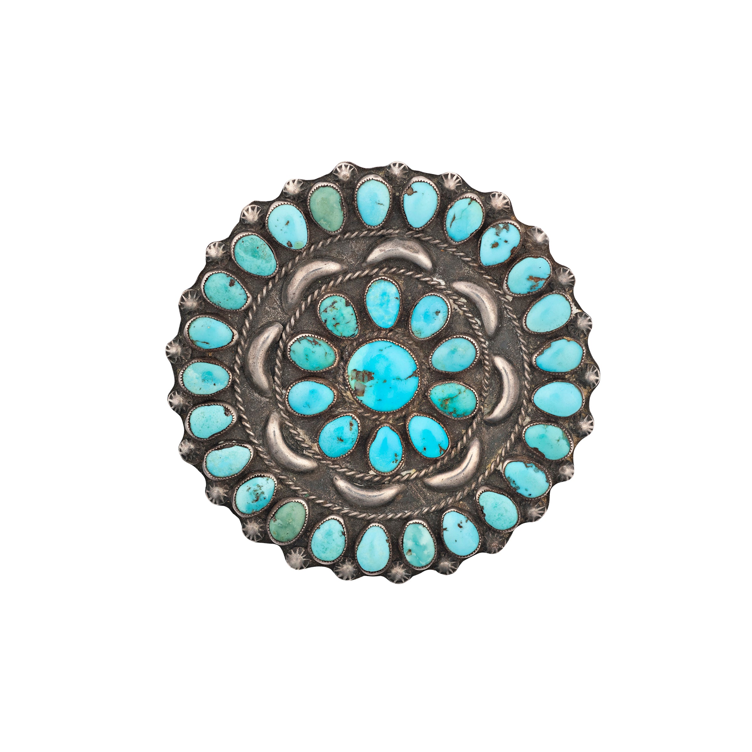 Vintage Navajo Stargate pin, native, sterling silver, Natural Nevada turquoise, accessory, made in USA
