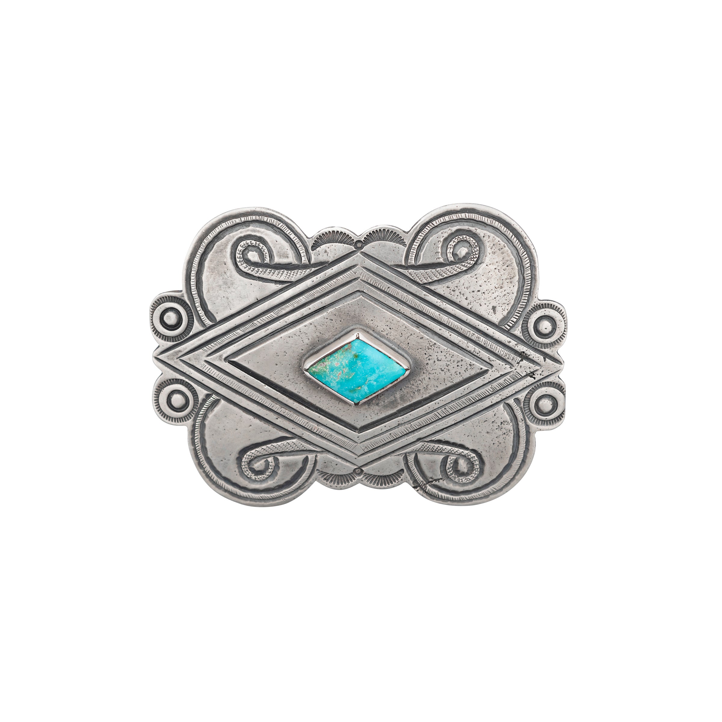Ingot coin silver belt buckle with a blue and green Fox turquoise stone in the center.