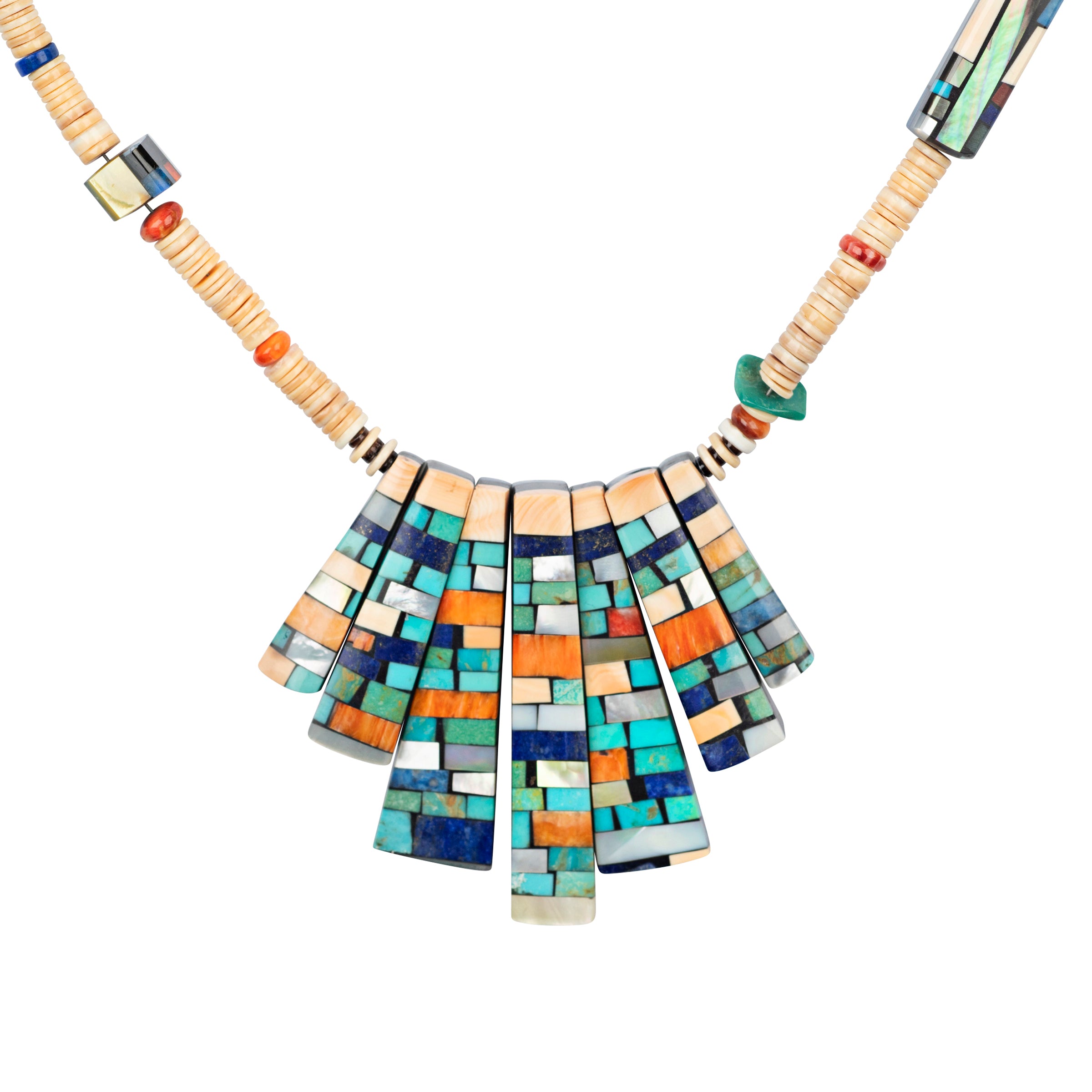 Charlene Reano Duality Necklace, native, turquoise, melon, jet, spiny oyster shell, mother of pearl, made in USA, accessory