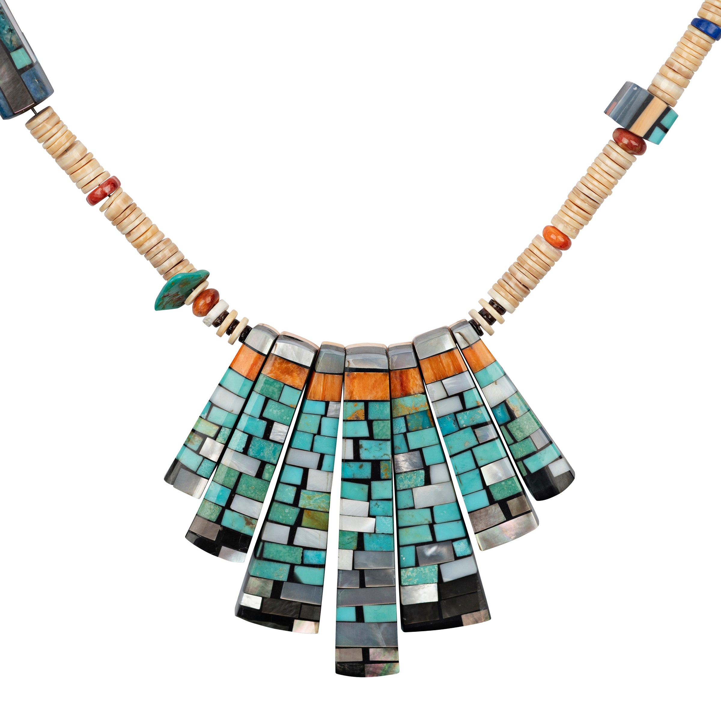 Charlene Reano Duality Necklace, native, turquoise, melon, jet, spiny oyster shell, mother of pearl, made in USA, accessory