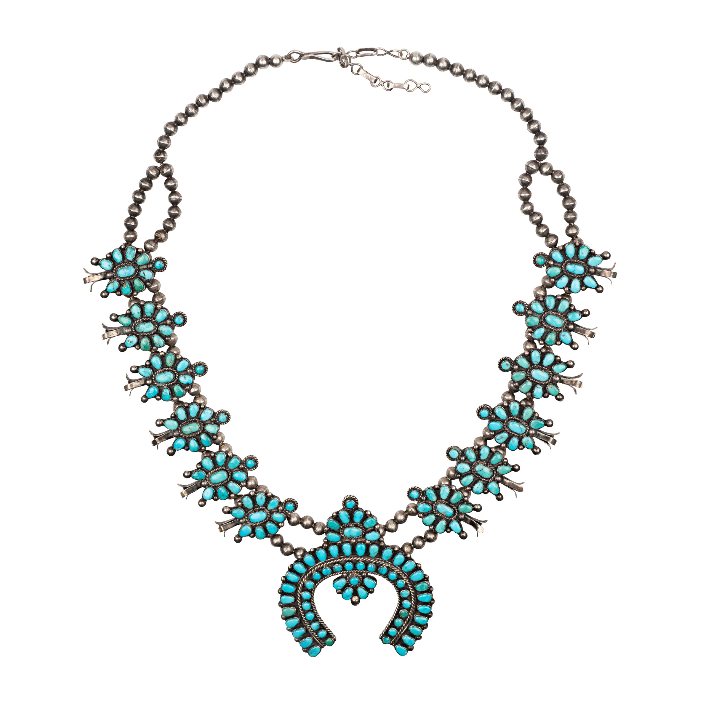 Vintage Zuni Squash Blossom Necklace (c.1950's), native, made in USA, collection piece, Morenci turquoise, statement