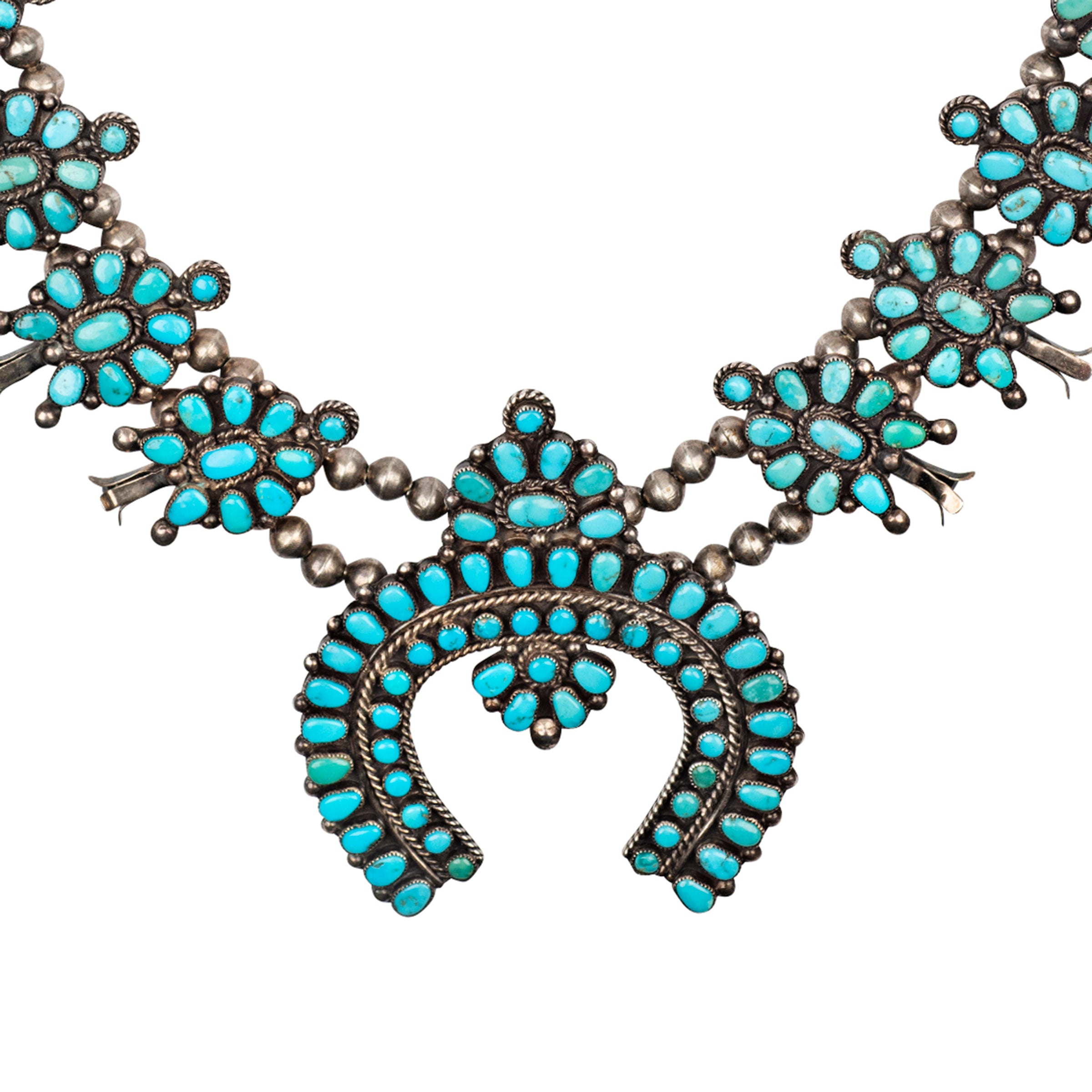 Vintage Zuni Squash Blossom Necklace (c.1950's), native, made in USA, collection piece, Morenci turquoise, statement