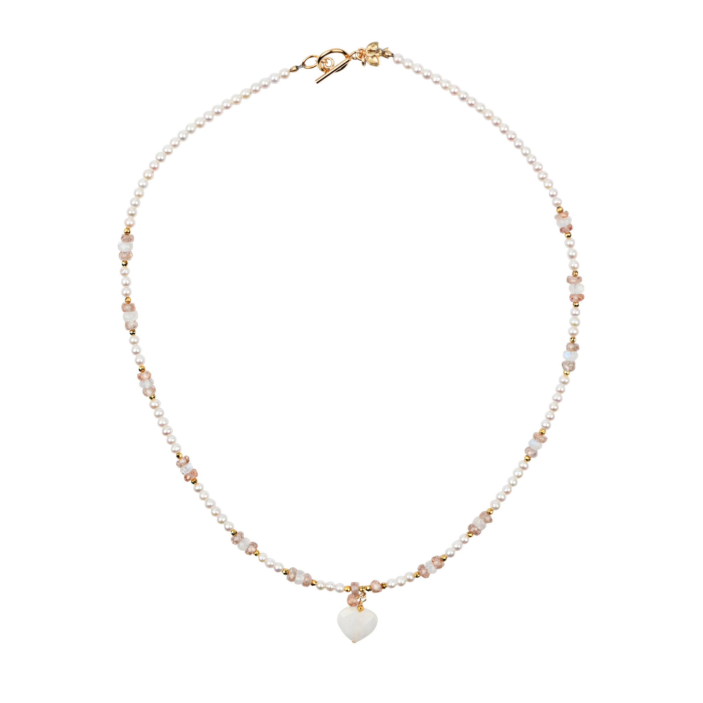 A Peyote Bird Original 14k Gold Plate beaded necklace strung with Freshwater Pearls, Rainbow Moonstone, and Champagne Zircon with a White Moonstone Heart Pendant. Finished with a 14k gold plate bar and hoop toggle - this necklace is not adjustable and is 17 inches long.