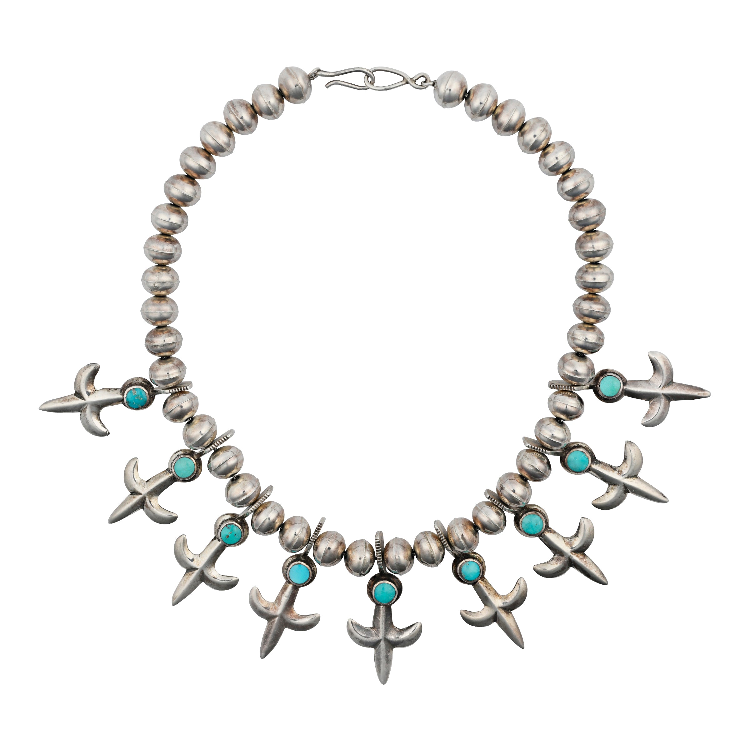 Vintage Navajo Star Blossom Necklace, sterling silver, native, made in USA, accessory, turquoise