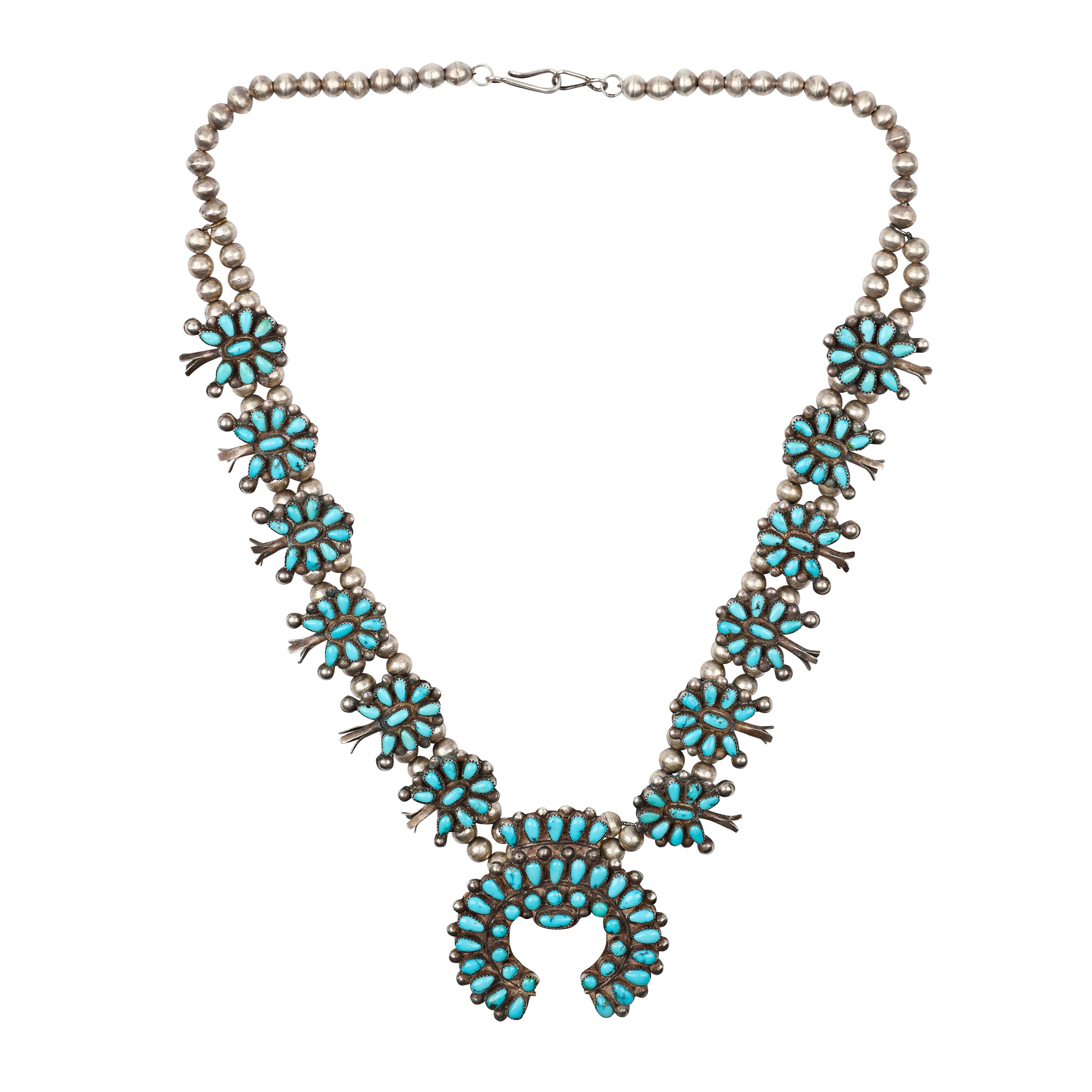 Vintage Zuni Squash Blossom Necklace, native, made in USA, turquoise, statement