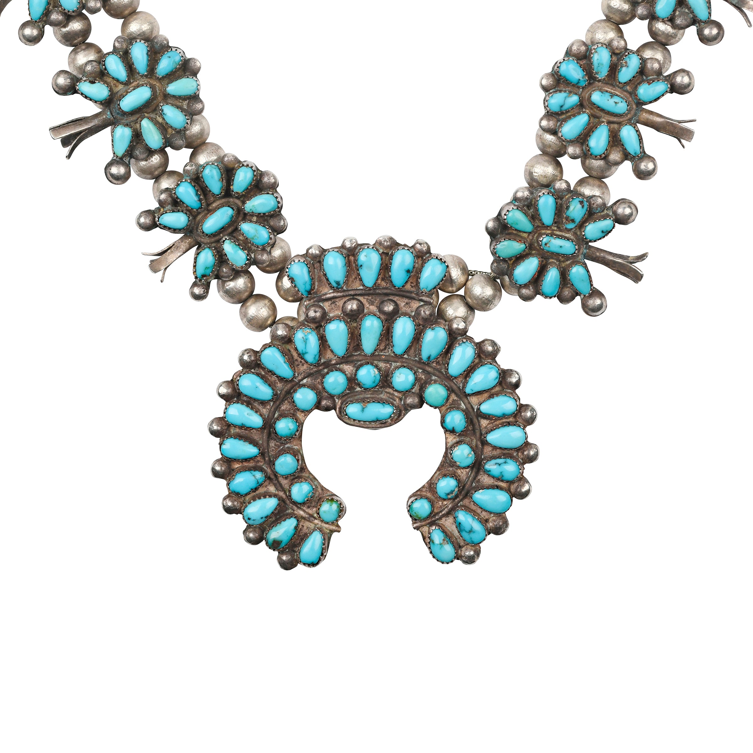 Vintage Zuni Squash Blossom Necklace, native, made in USA, turquoise, statement