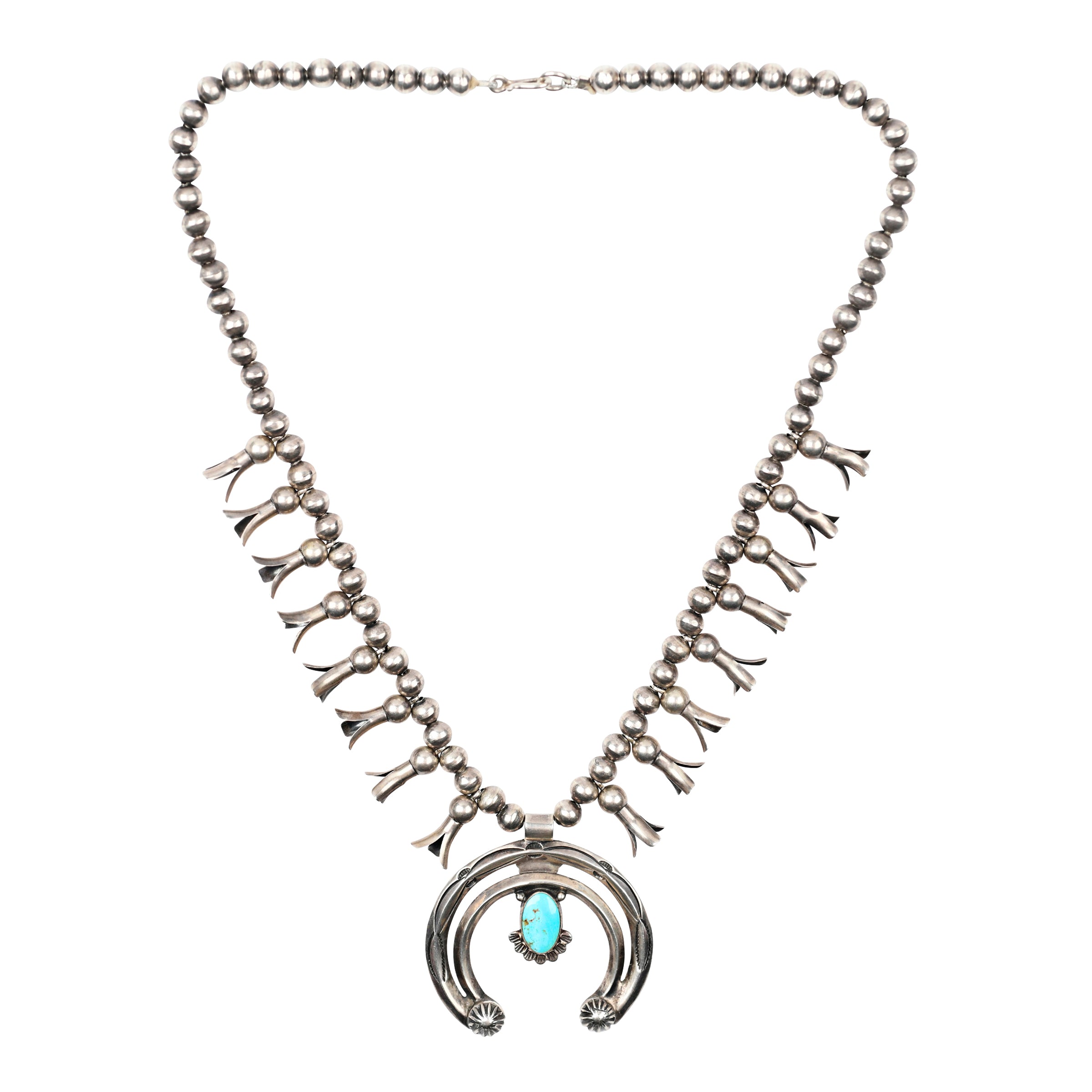 Vintage Navajo Squash Blossom Necklace, native, made in USA, turquoise, sterling silver, statement