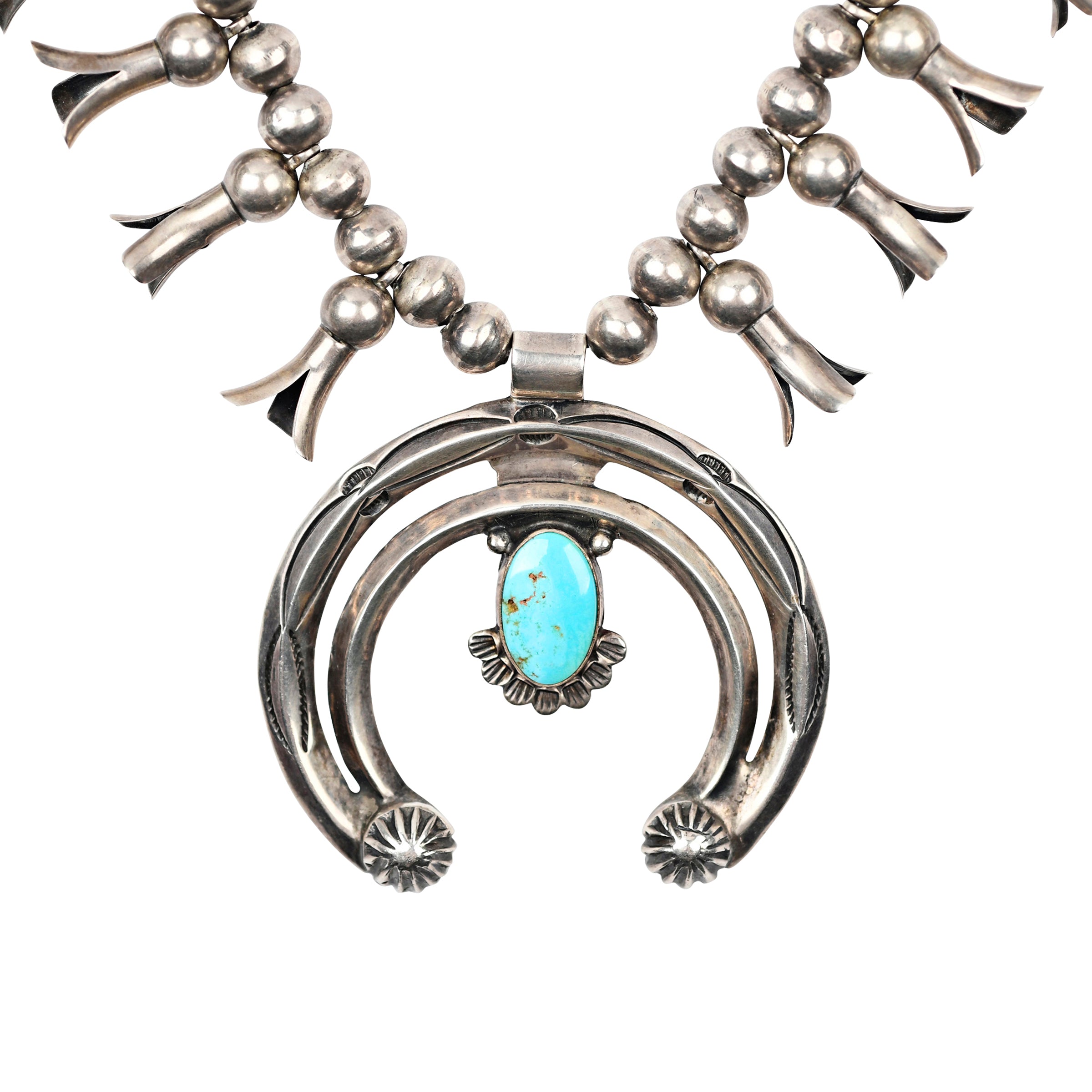 Vintage Navajo Squash Blossom Necklace, native, made in USA, turquoise, sterling silver, statement