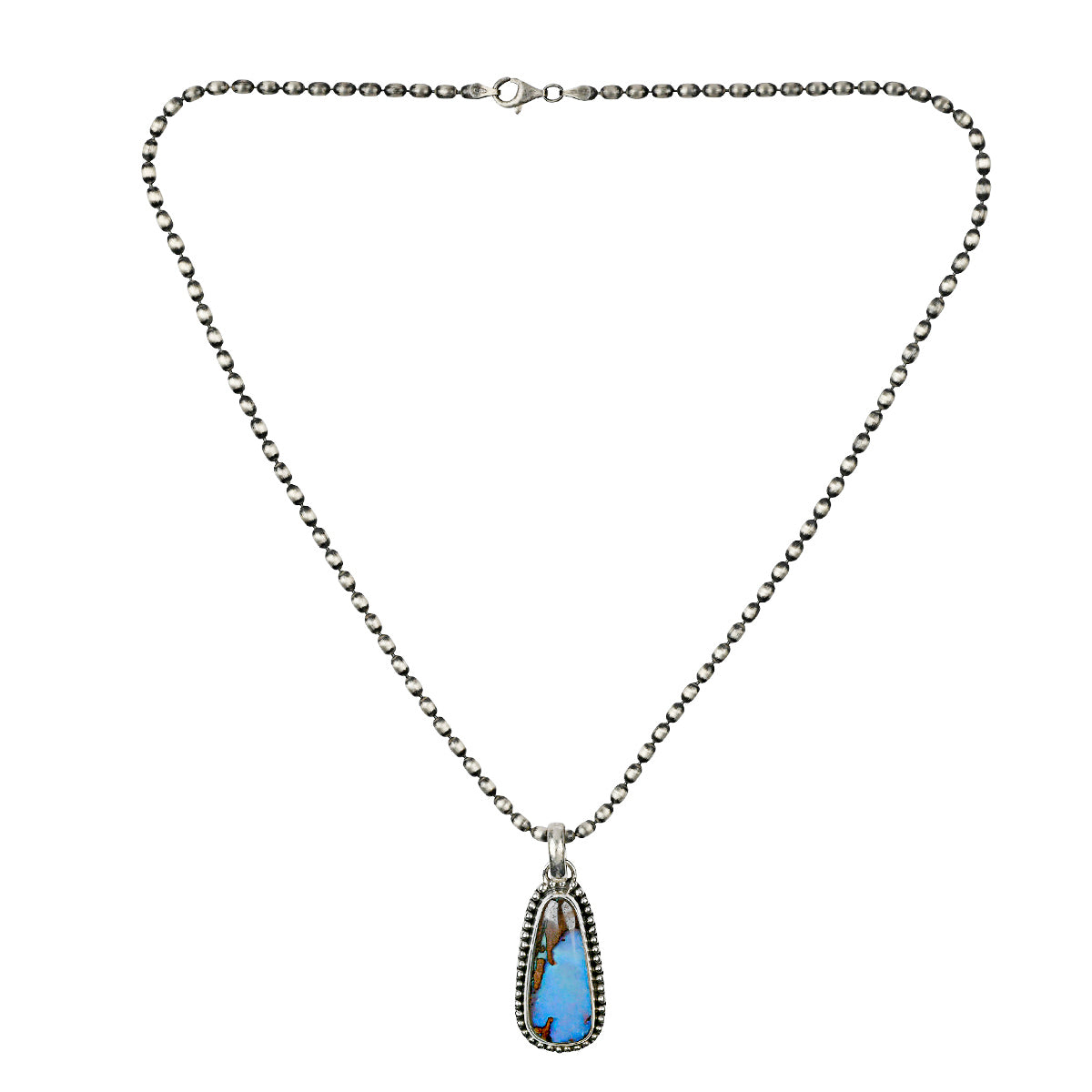 Boulder Opal with hints of dark and blue on this classic sterling silver bead ball chain.