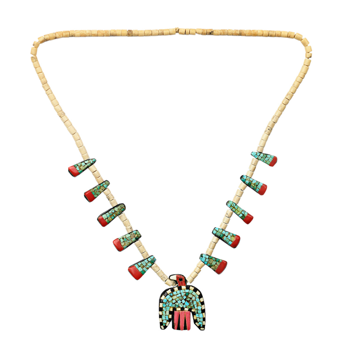 Vintage battery bird necklace of a thunderbird pendant in a mosaic pattern