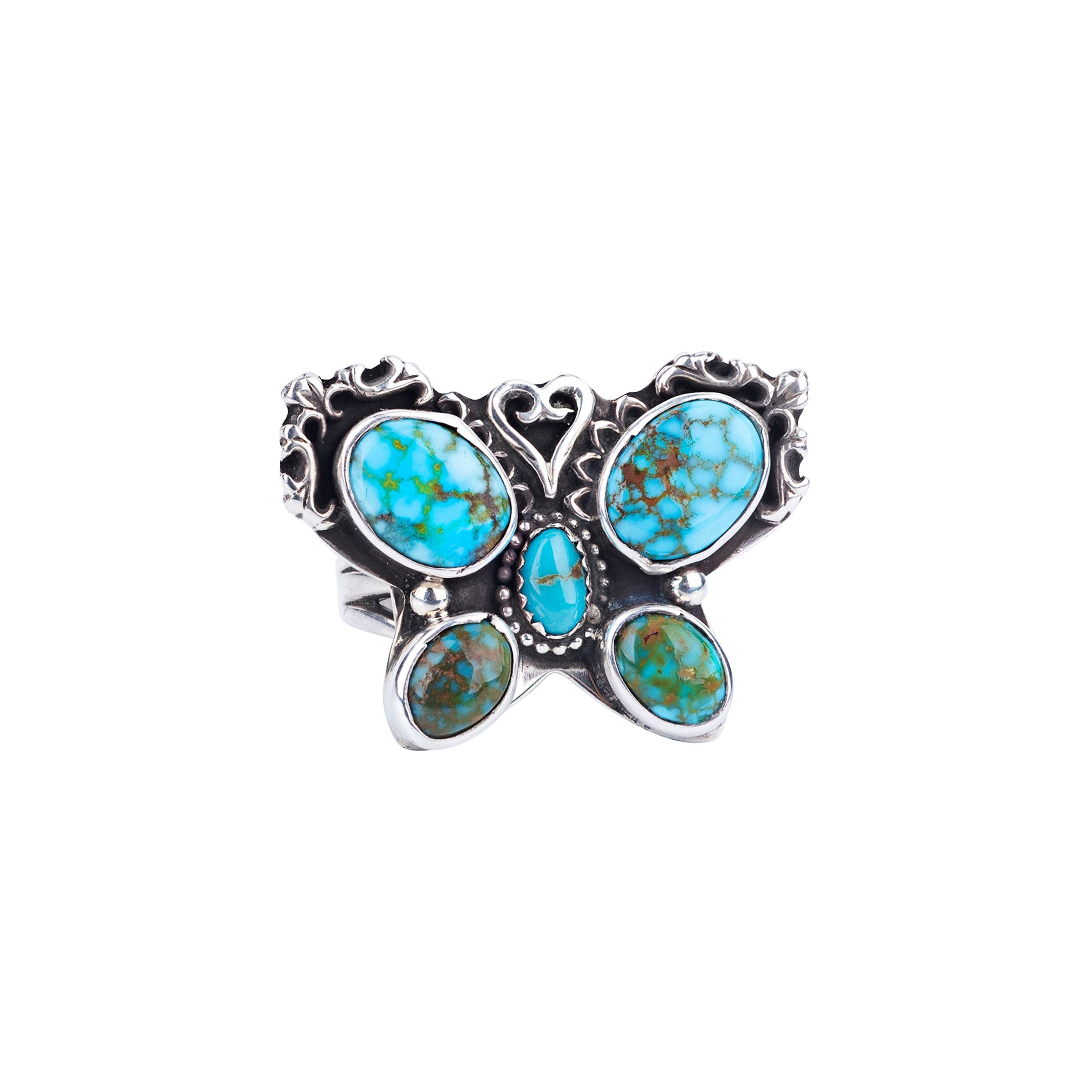 Sterling silver butterfly shaped ring with blue and green turquoise inlay stones.