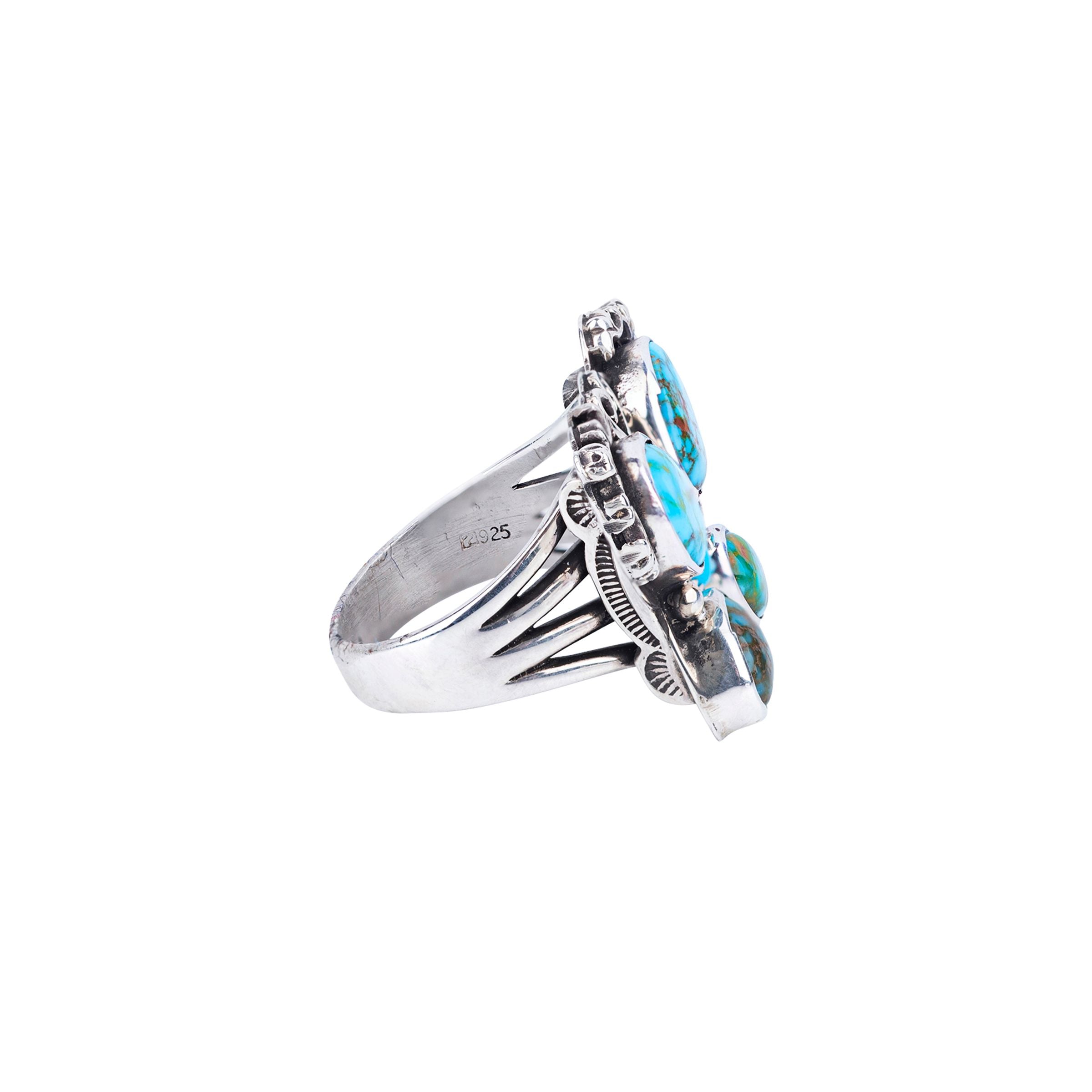 Sterling silver butterfly shaped ring with blue and green turquoise inlay stones.