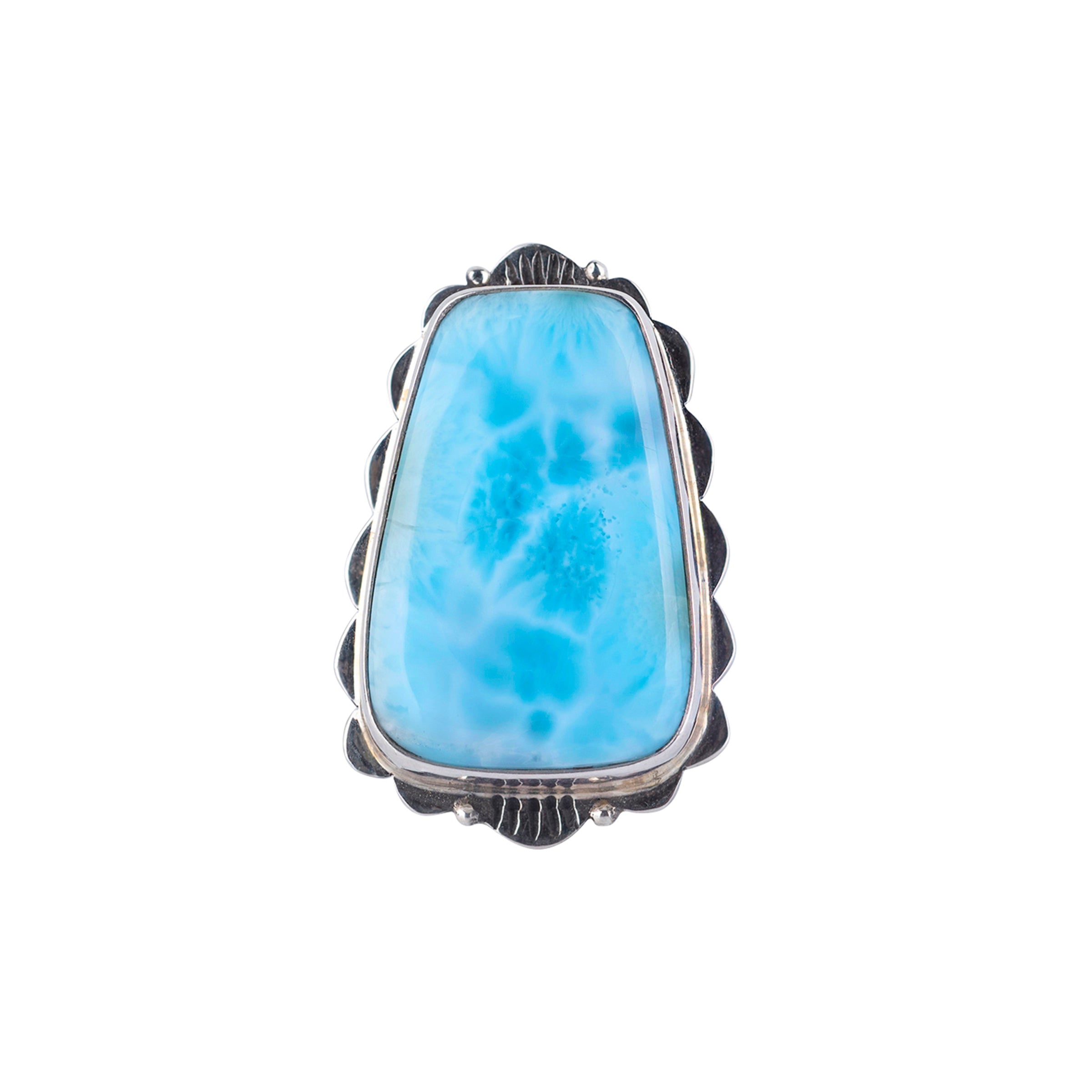 Sterling silver ring with large Larimer stone in blue and white with scallop detailing around edges.