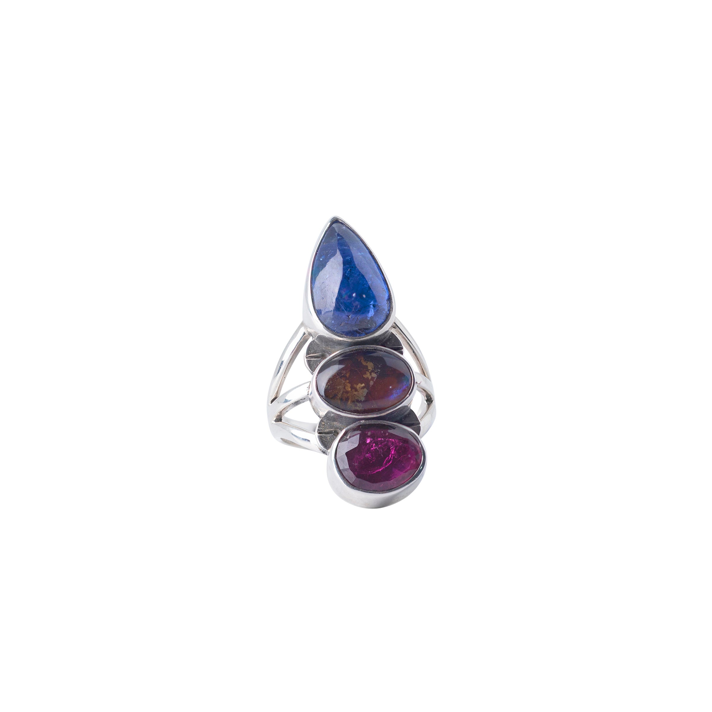 Geometric semi-precious stones in Tanzanite, Dark Opal, Tourmaline are wrapped in sterling silver and set with 3 shank band ring.