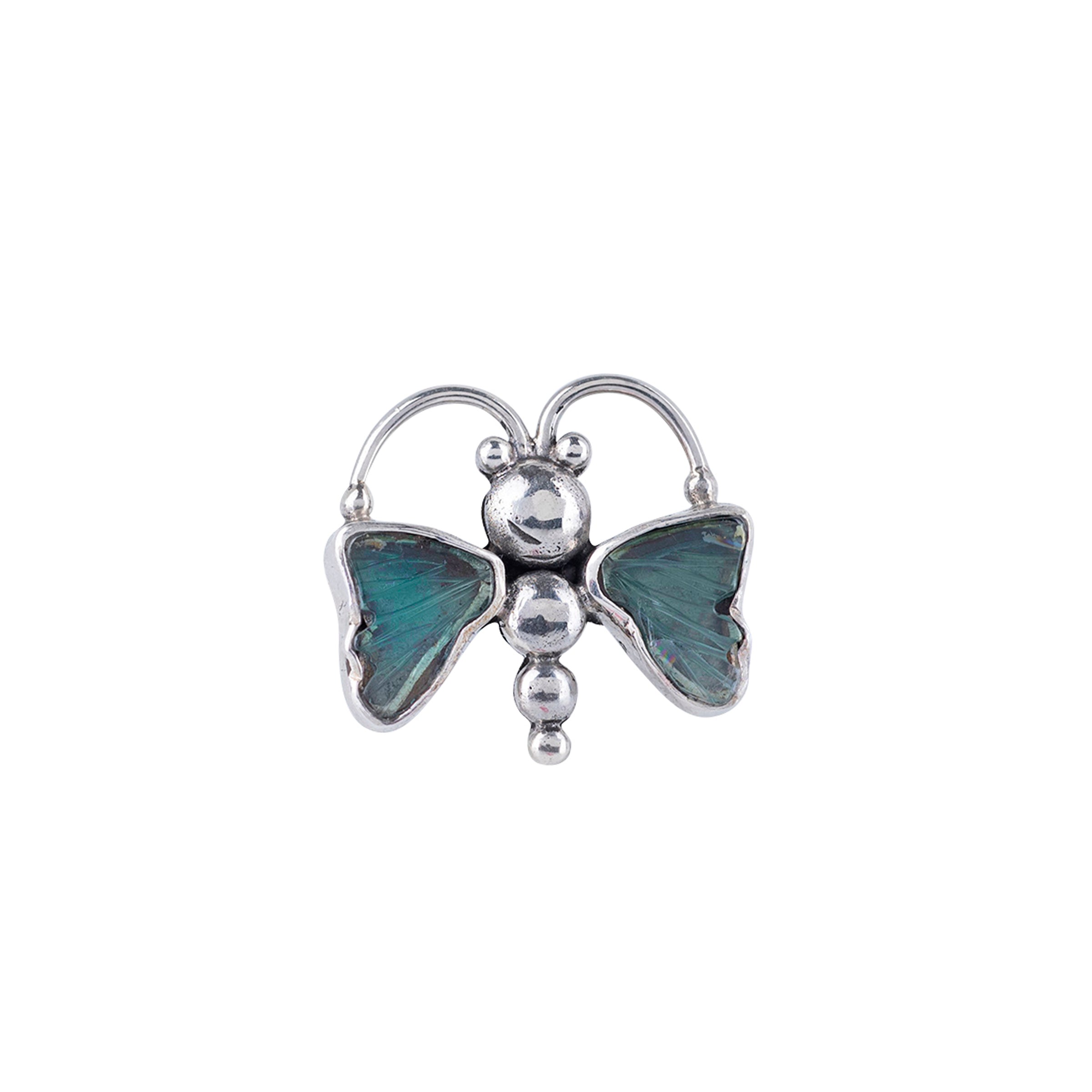 Sterling silver butterfly ring with blue tourmaline wings.
