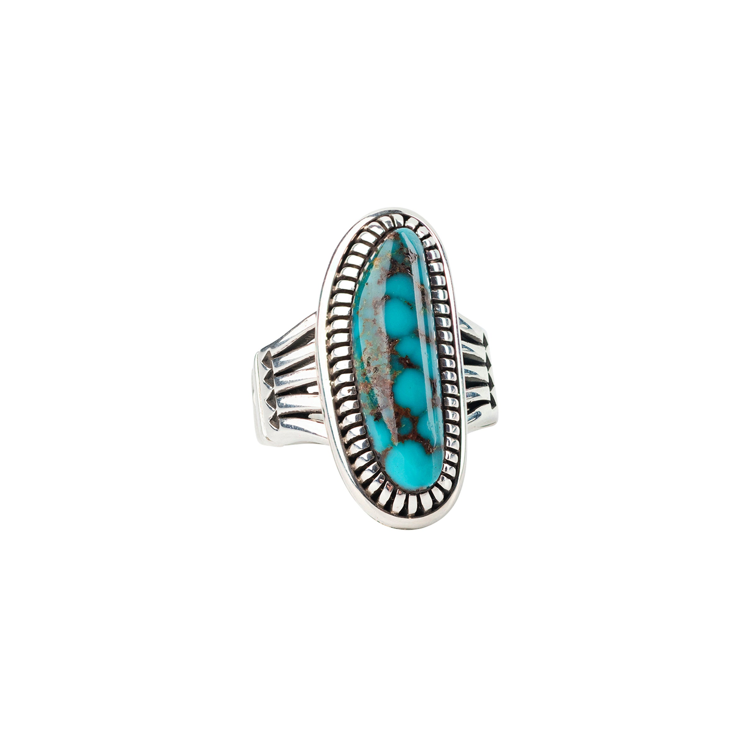 An oval-shaped blue matrix ring with a sterling silver band, featuring a bezel setting.