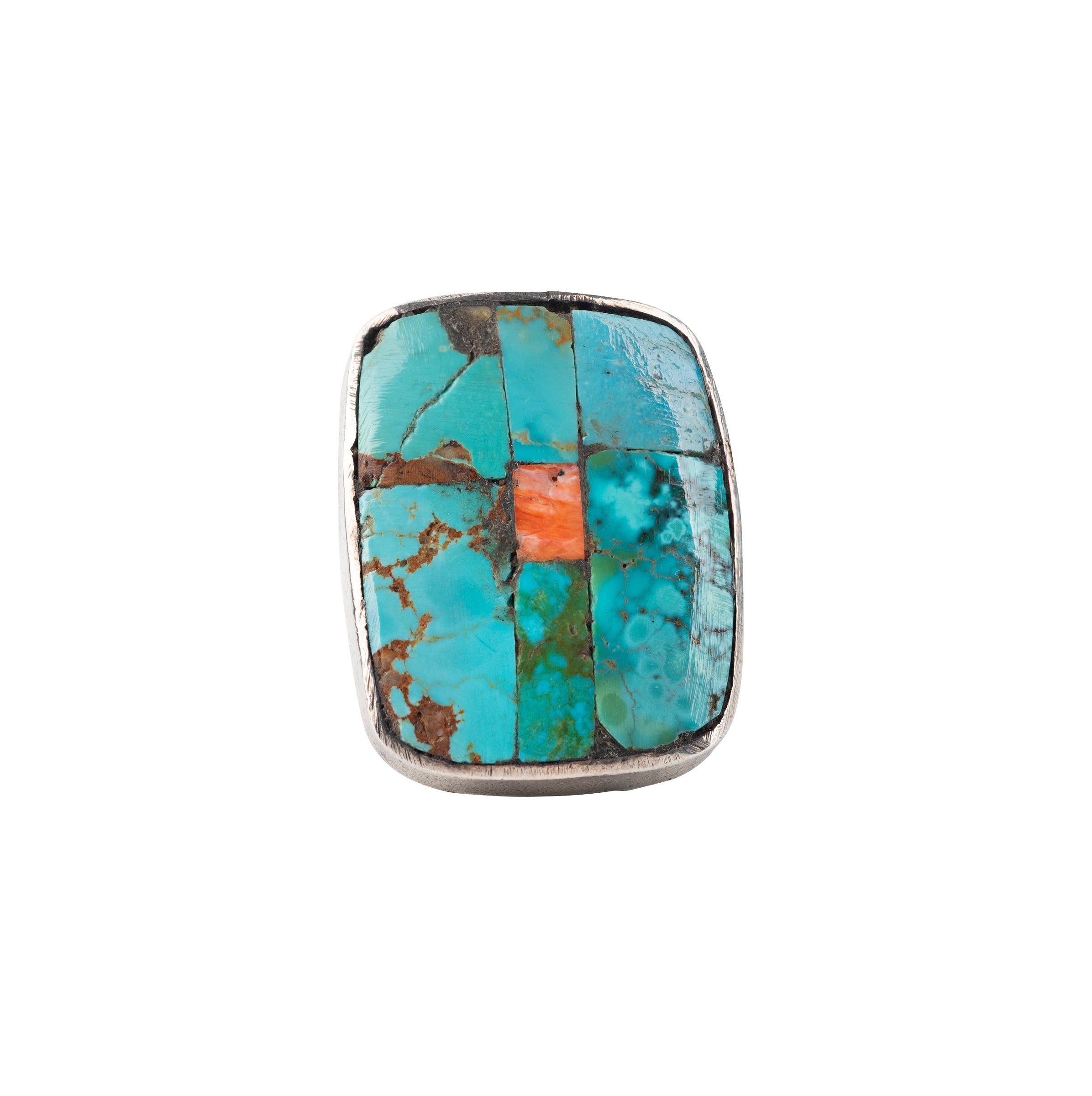 Jock Favour Vista del Mar Ring (Size 10), coin silver, Fox turquoise, spiny oyster shell, artisan, made in USA, accessory