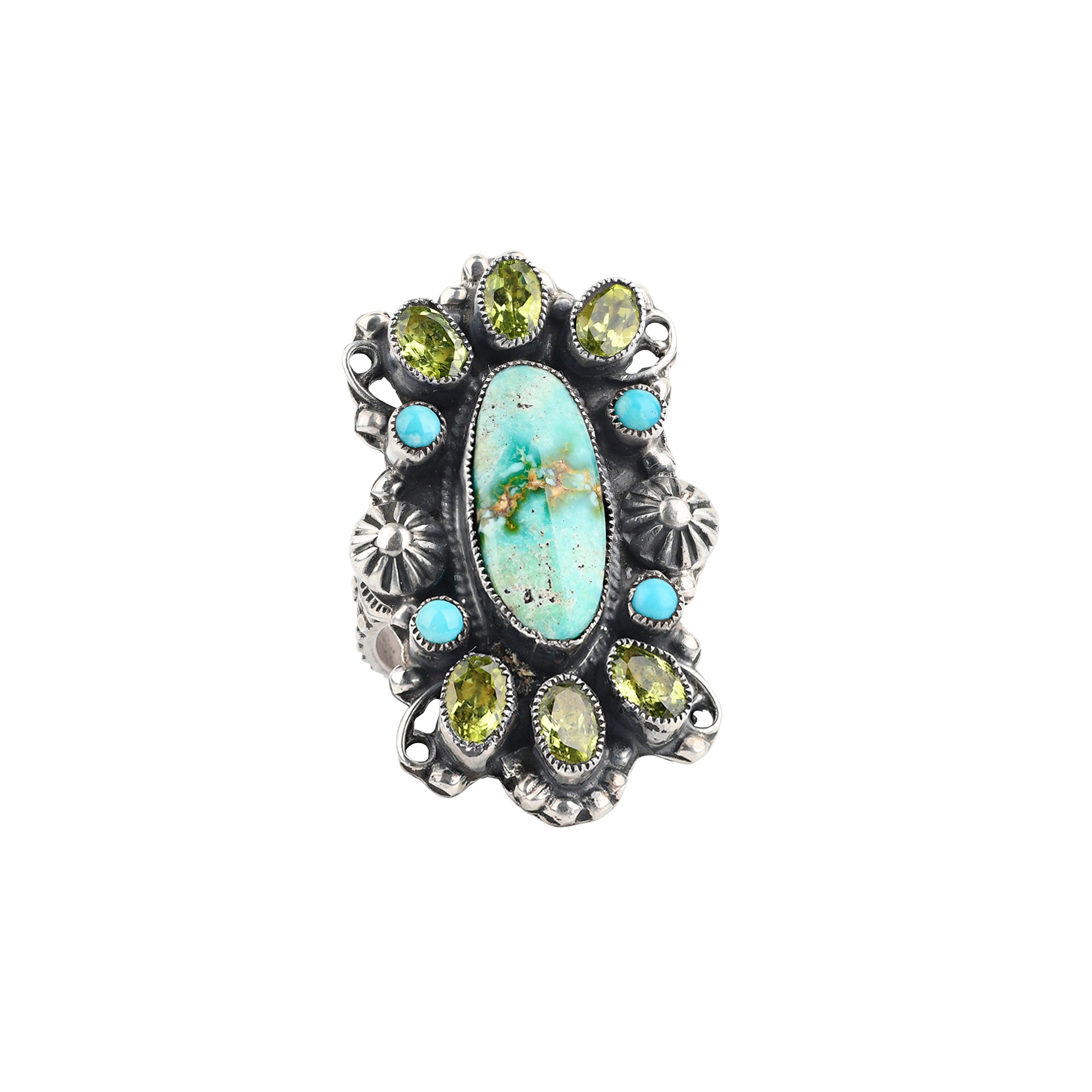 A handcrafted, western style shield ring made with Blue Turquoise and Peridot set in Sterling Silver finished with Southwestern stamping and detailing