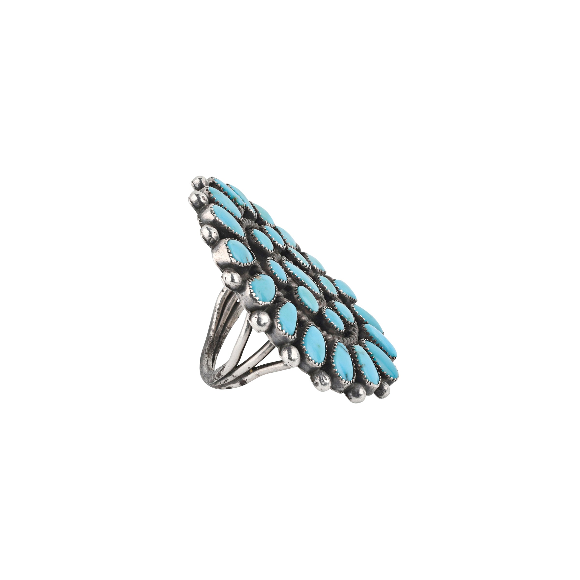 Vintage Navajo Corona Ring (c.1950's) (Size 9 1/2). Fox turquoise, native, hand cut stones, sterling silver, statement ring.