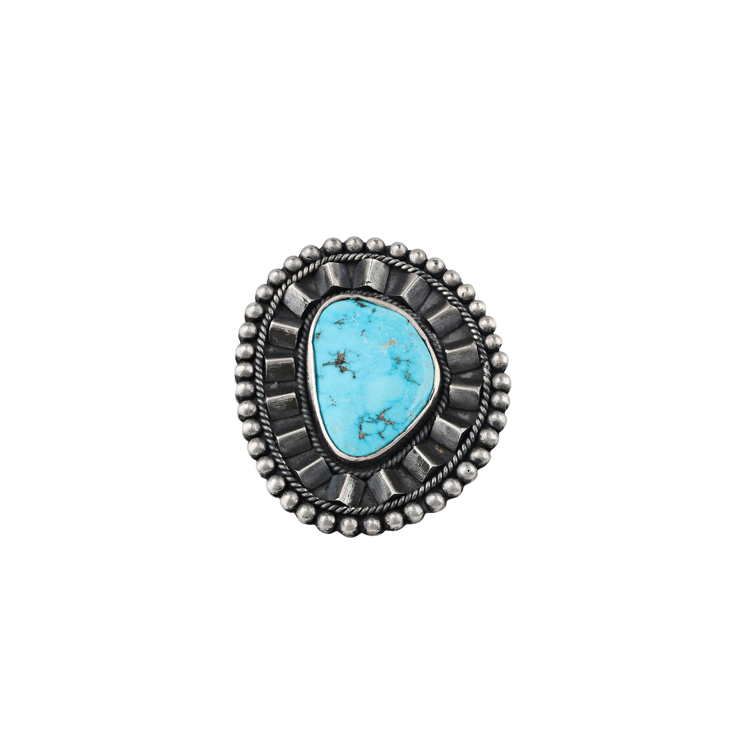 Silver ring with a blue stone on a white background. Nomad Tide Pool Ring (Size 7). Sleeping beauty turquoise, sterling silver, split shank bezel.