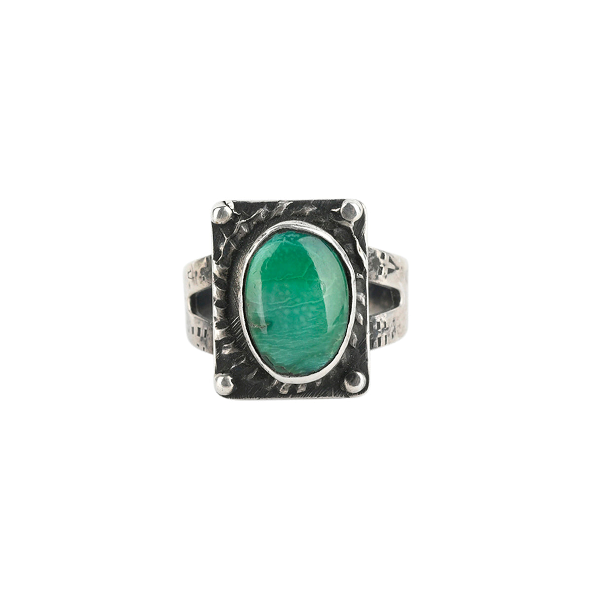 Vintage Navajo sterling silver frame ring with green turquoise stone
