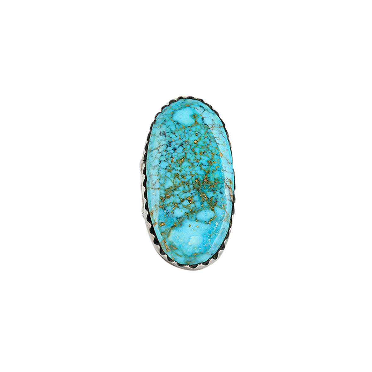 Turquoise stone ring with a stamped ingot coin silver band by Jock Favour