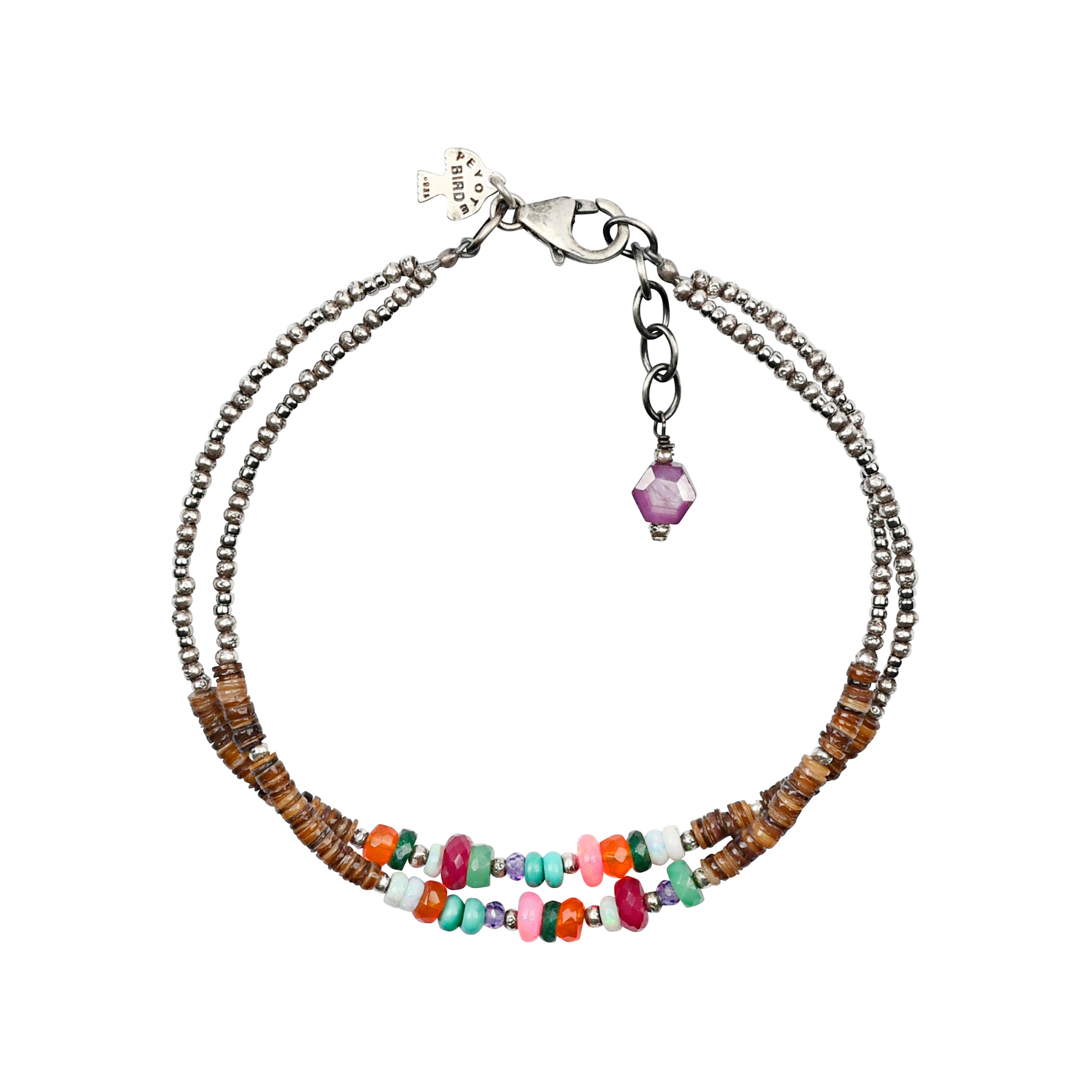 Two strand beaded bracelet with sterling silver beads and brown lip heishi shells and gemstone mix at center. With extender chain and lobster claw closure.