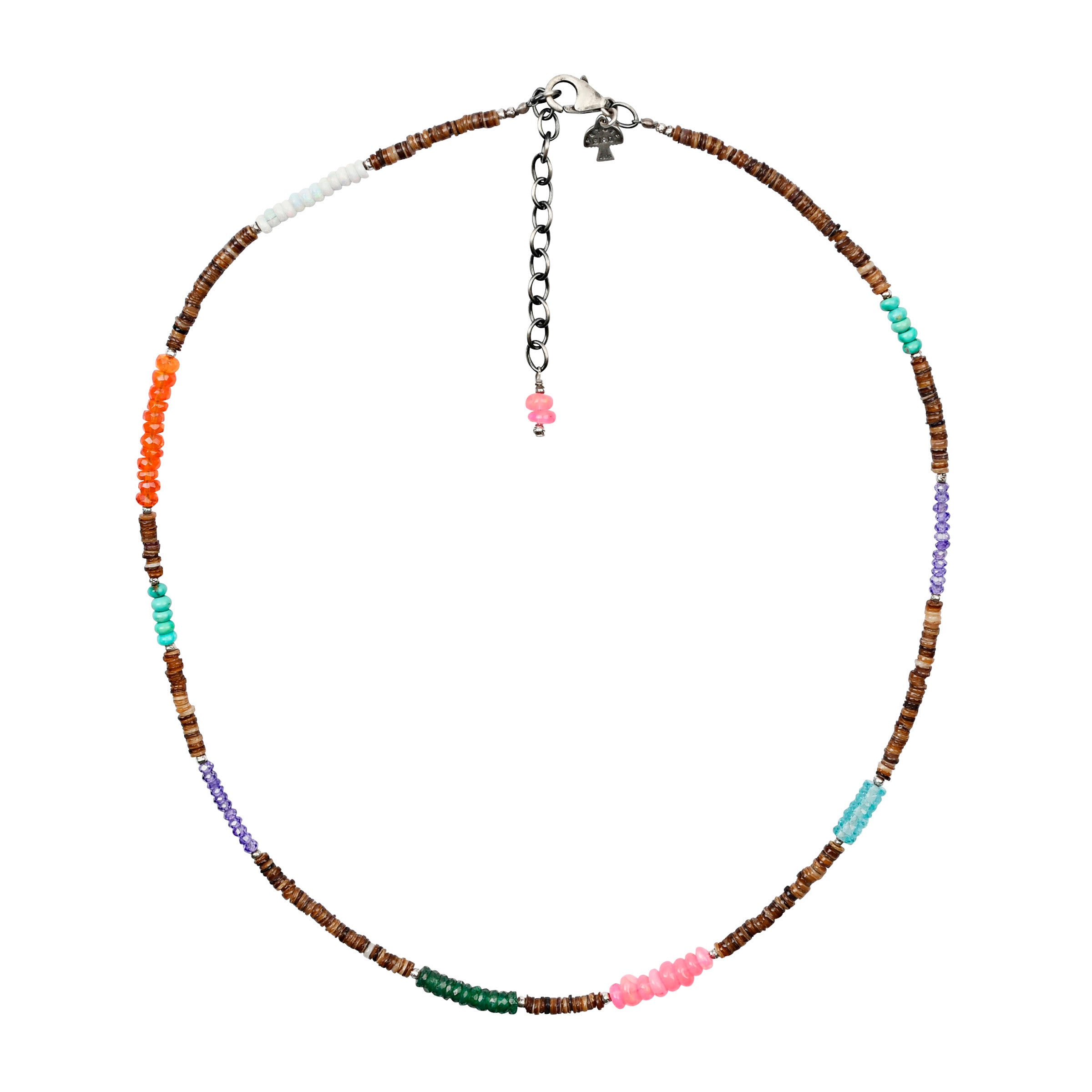 Colorful beaded Costa Verde Necklace featuring turquoise, aquamarine, pink opal, carnelian, purple crystal, and brown shell heishi with sterling silver clasp