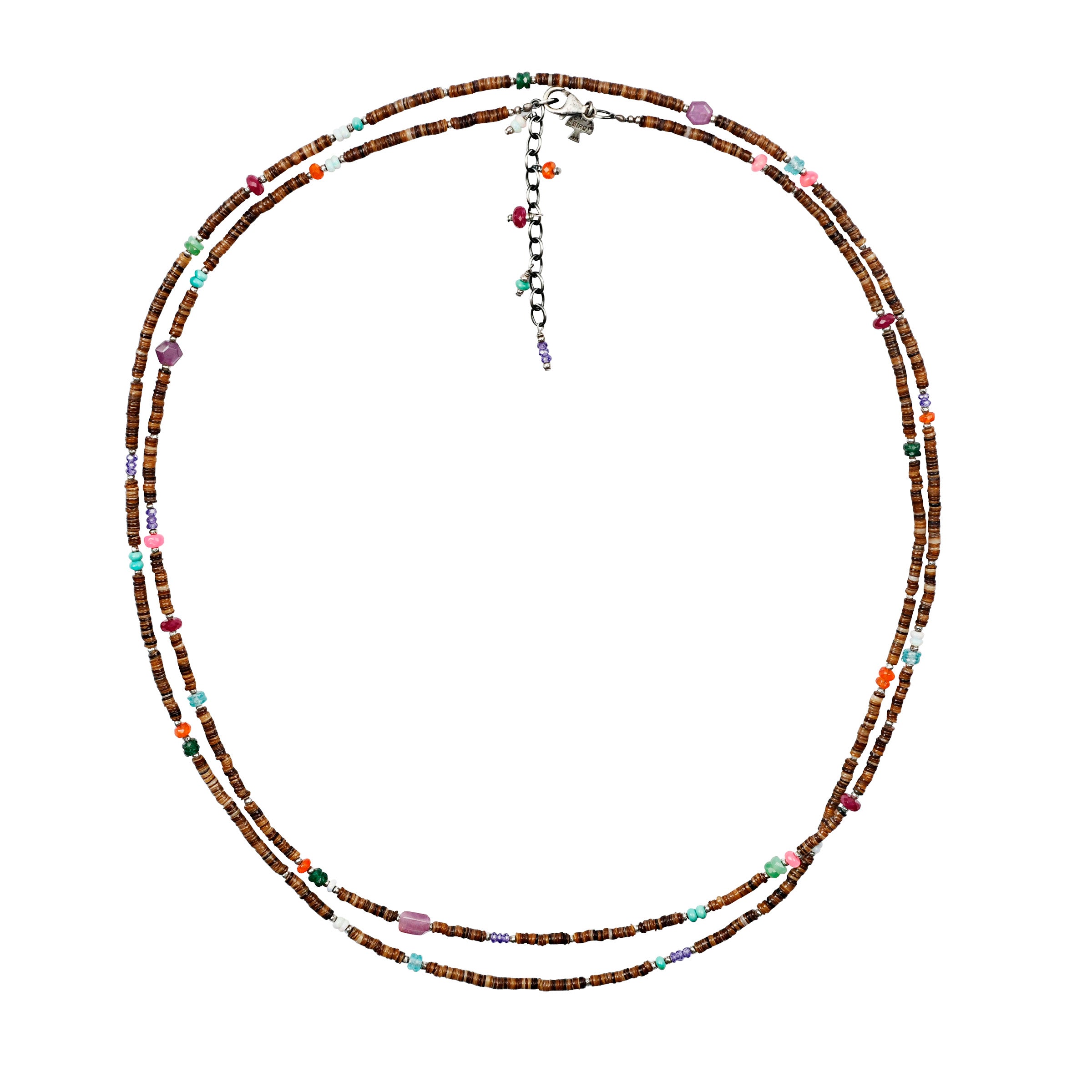 Double wrapped heishi brown shell necklace with gemstones throughout and sterling silver lobster claw clasp w/ extender chain.