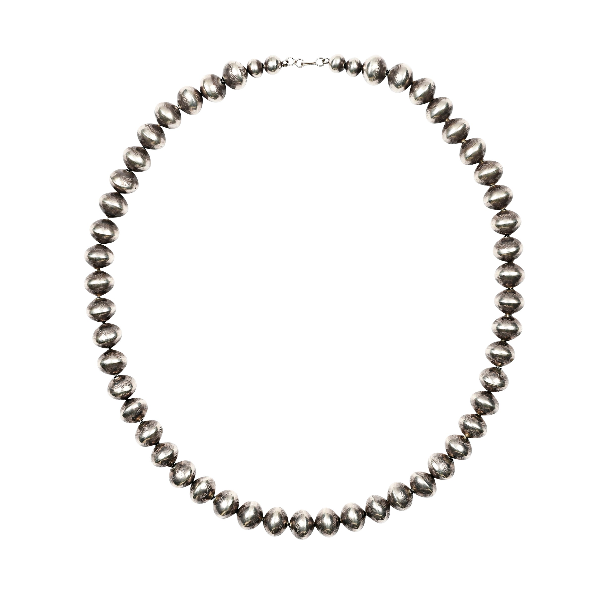 Vintage Navajo sterling silver bead necklace with handcrafted round silver beads, 26 inch length, from Peyote Bird Designs