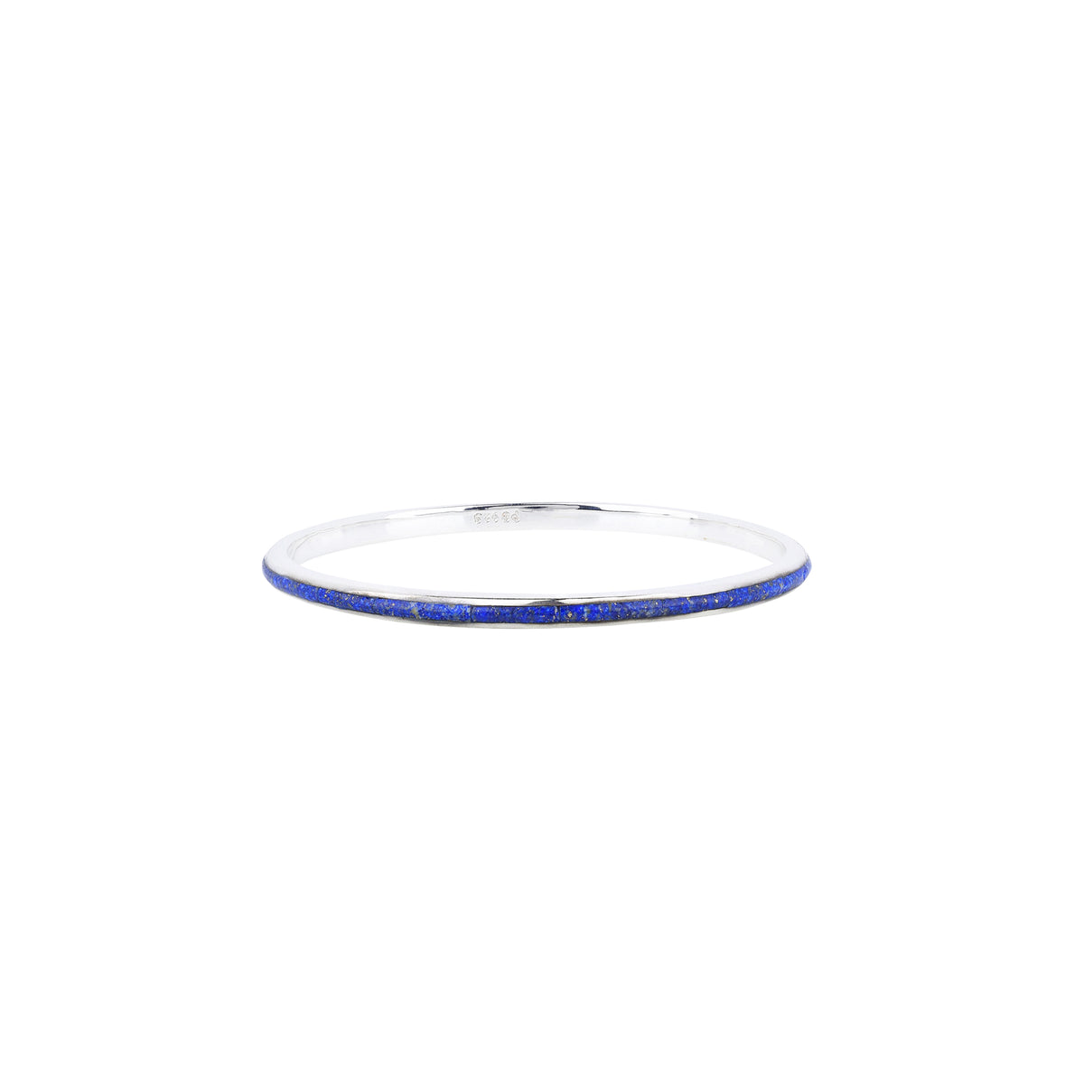 A sterling silver Infinity bangle with lapis inlay stones from our Bird and Arrow collection.