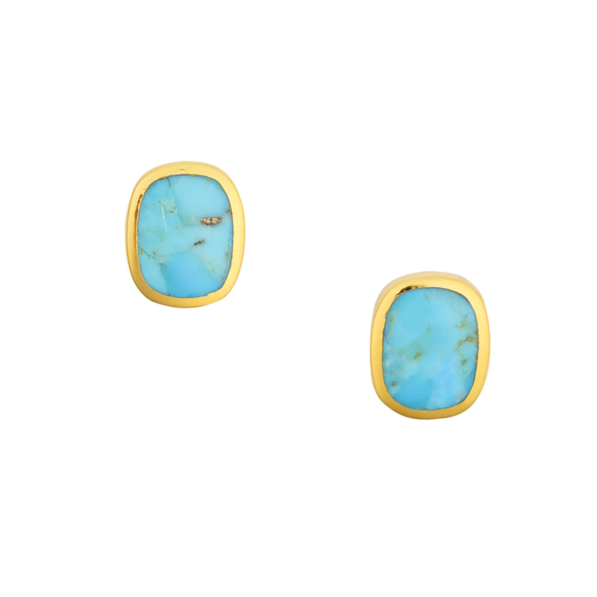 A pair of sterling silver and gold plated stud earrings with rounded rectangular blue turquoise cabochons and comfort earring backs.