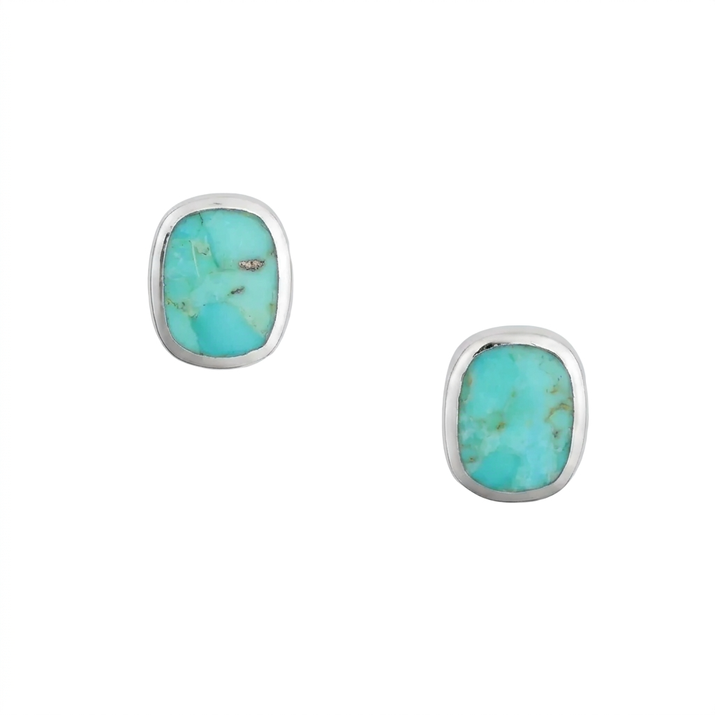 A pair of sterling silver stud earrings with rounded rectangular green turquoise cabochons and comfort earring backs.