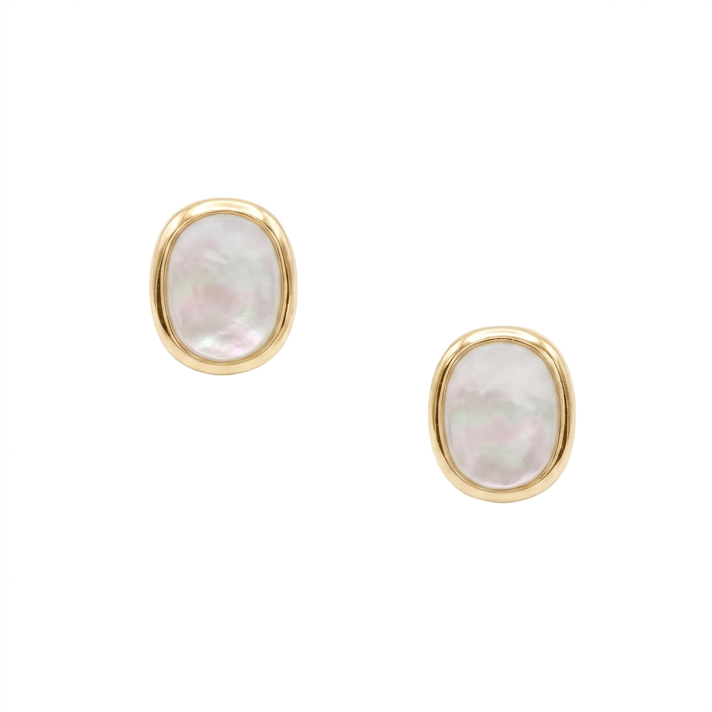 A pair of sterling silver and gold plated stud earrings with rounded rectangular mother of pearl cabochons and comfort earring backs.