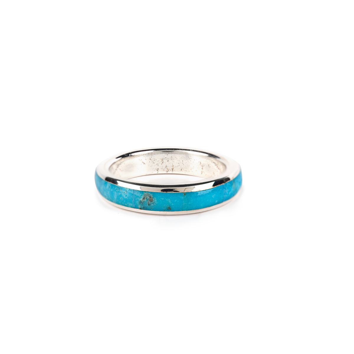 A sterling silver ring with a blue turquoise inlay.