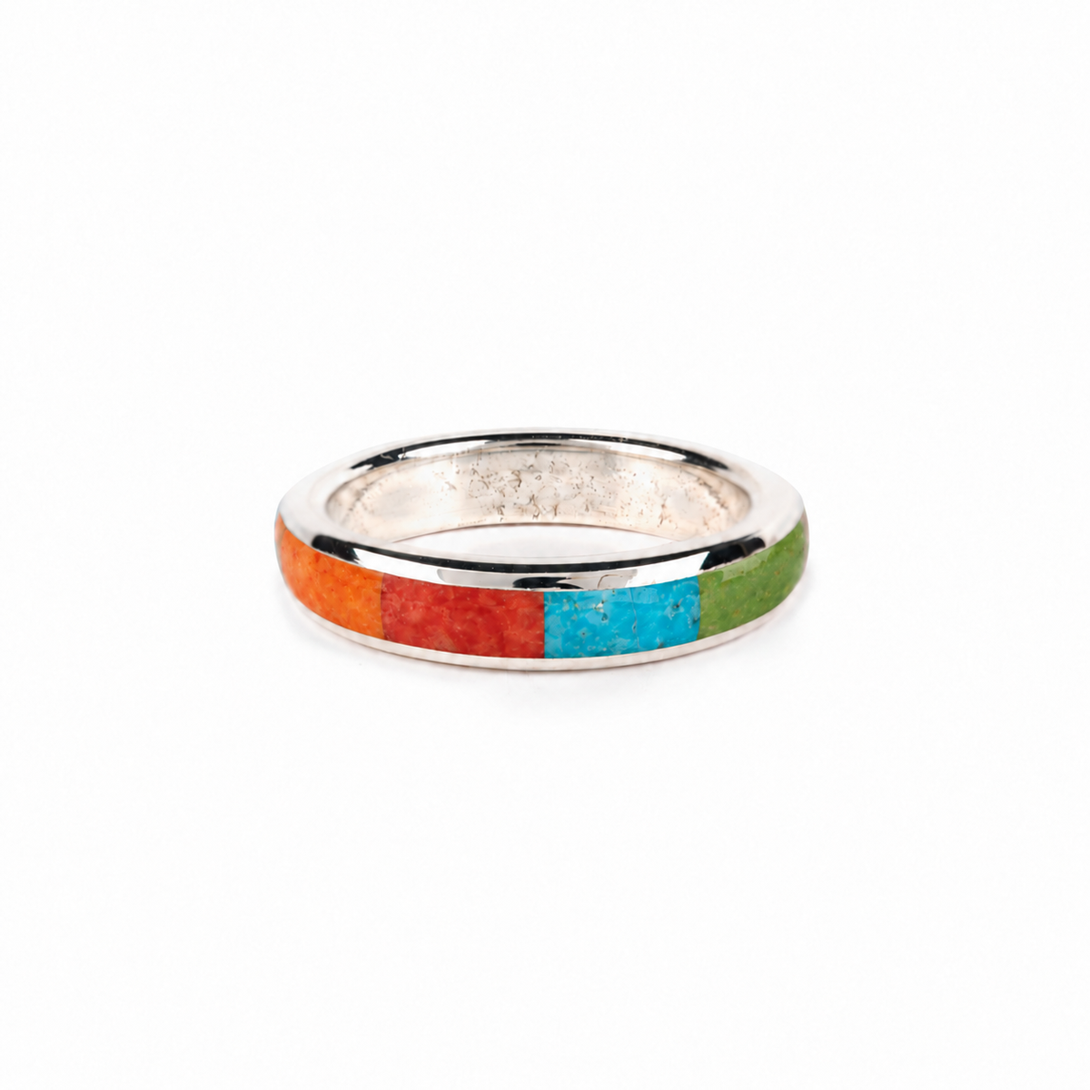 A sterling silver ring with a multi-colored semi-precious stone inlay.