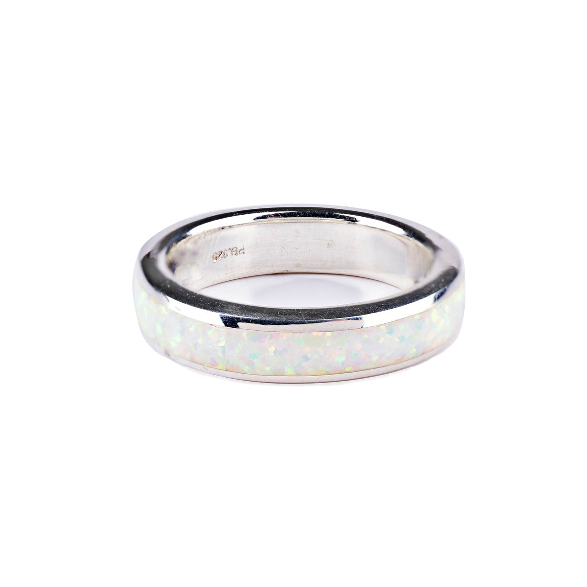 A sterling silver ring with white opal inlay.