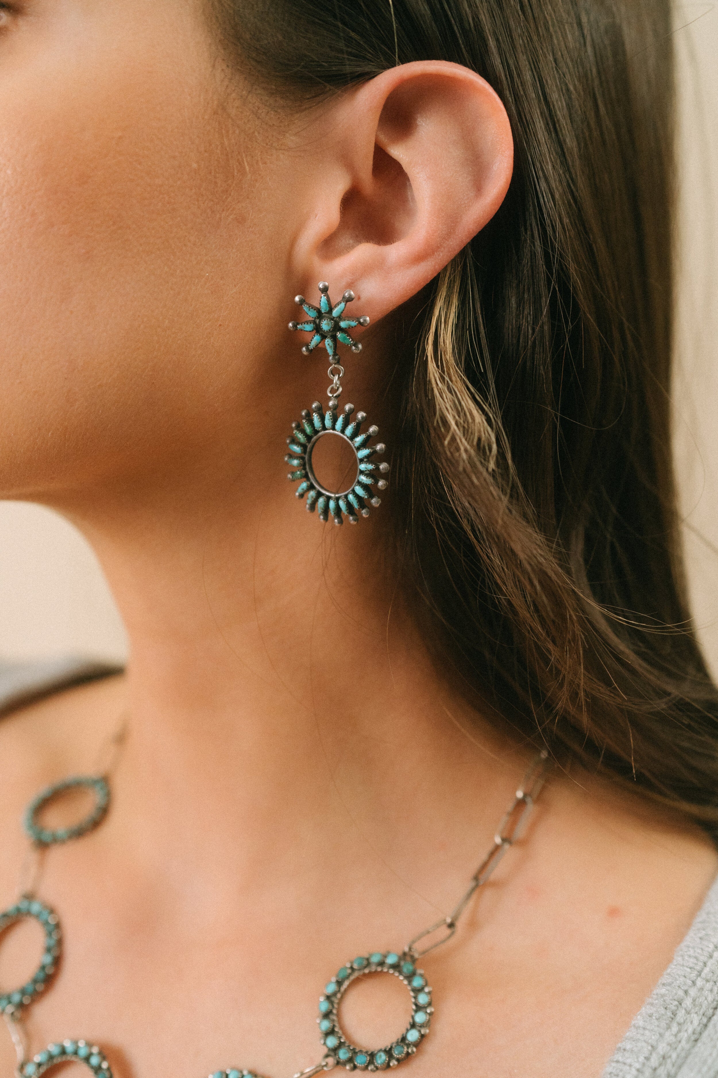Vintage Zuni Star Circle Turquoise Earrings, c. 1940's