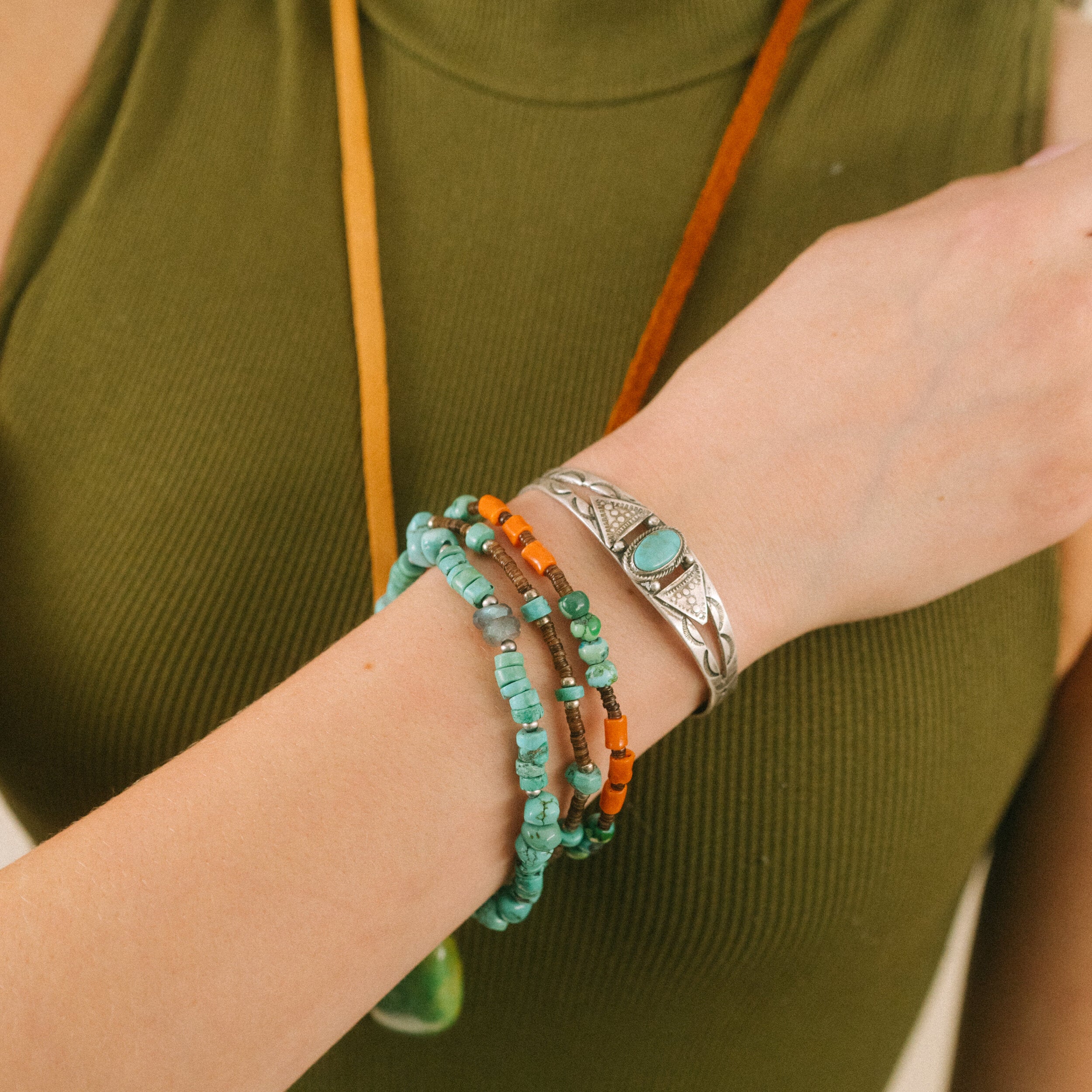 Vintage Navajo Turquoise Stamped Silver Cuff, c. 1940's