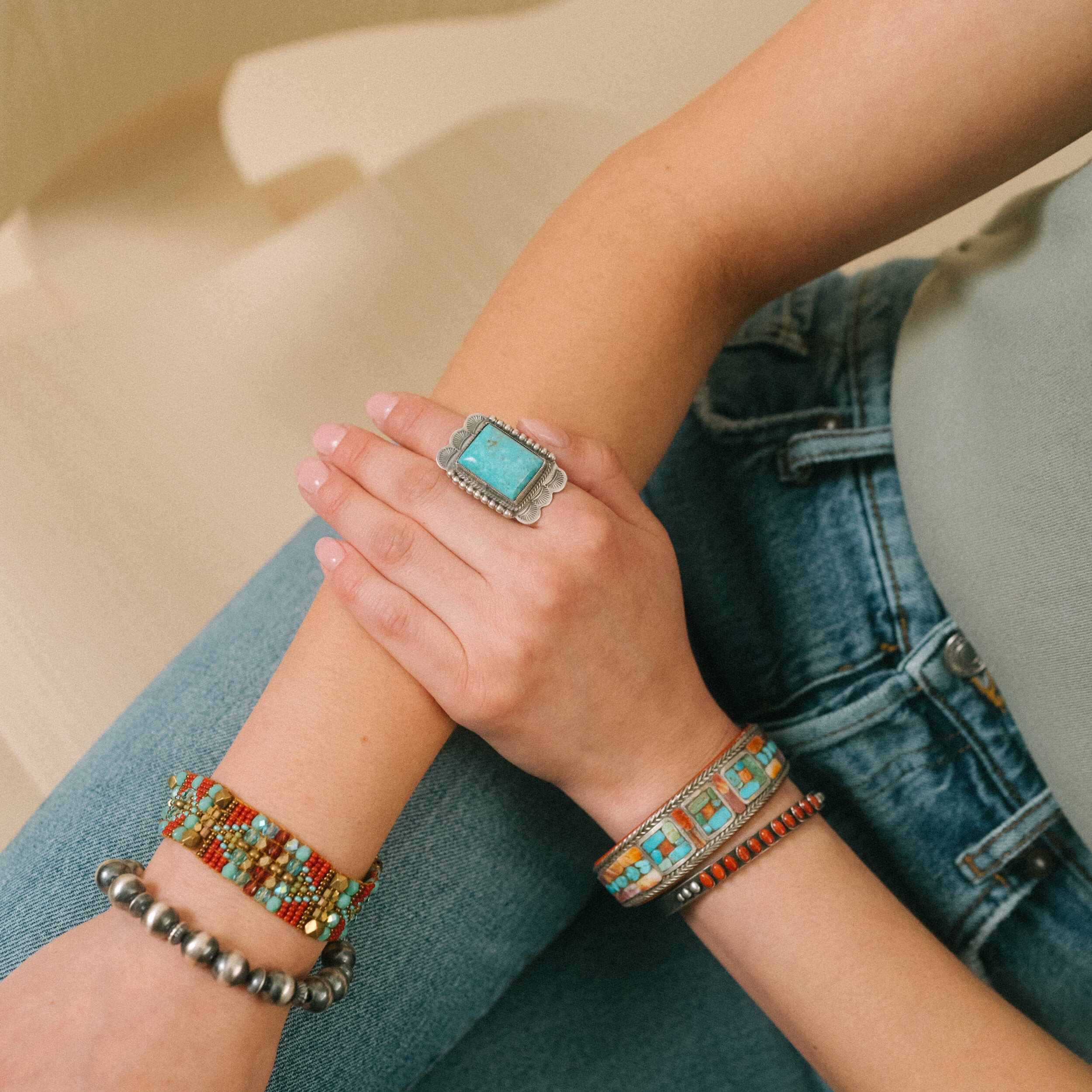 Sterling silver and blue turquoise signet ring from artisan Leo Feeney. Made in USA.