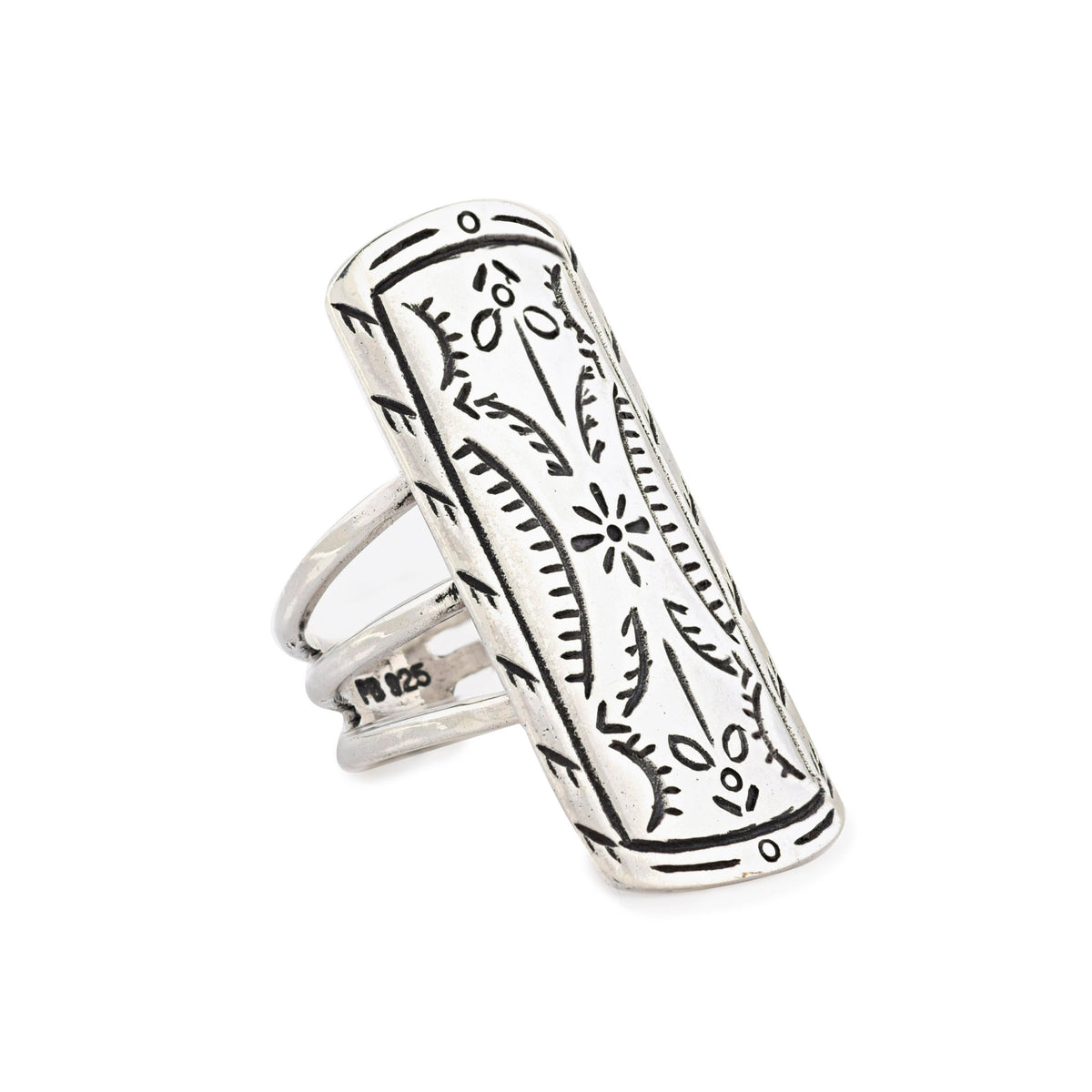A sterling silver shield ring with a geometric floral pattern, featuring a split shank band design.