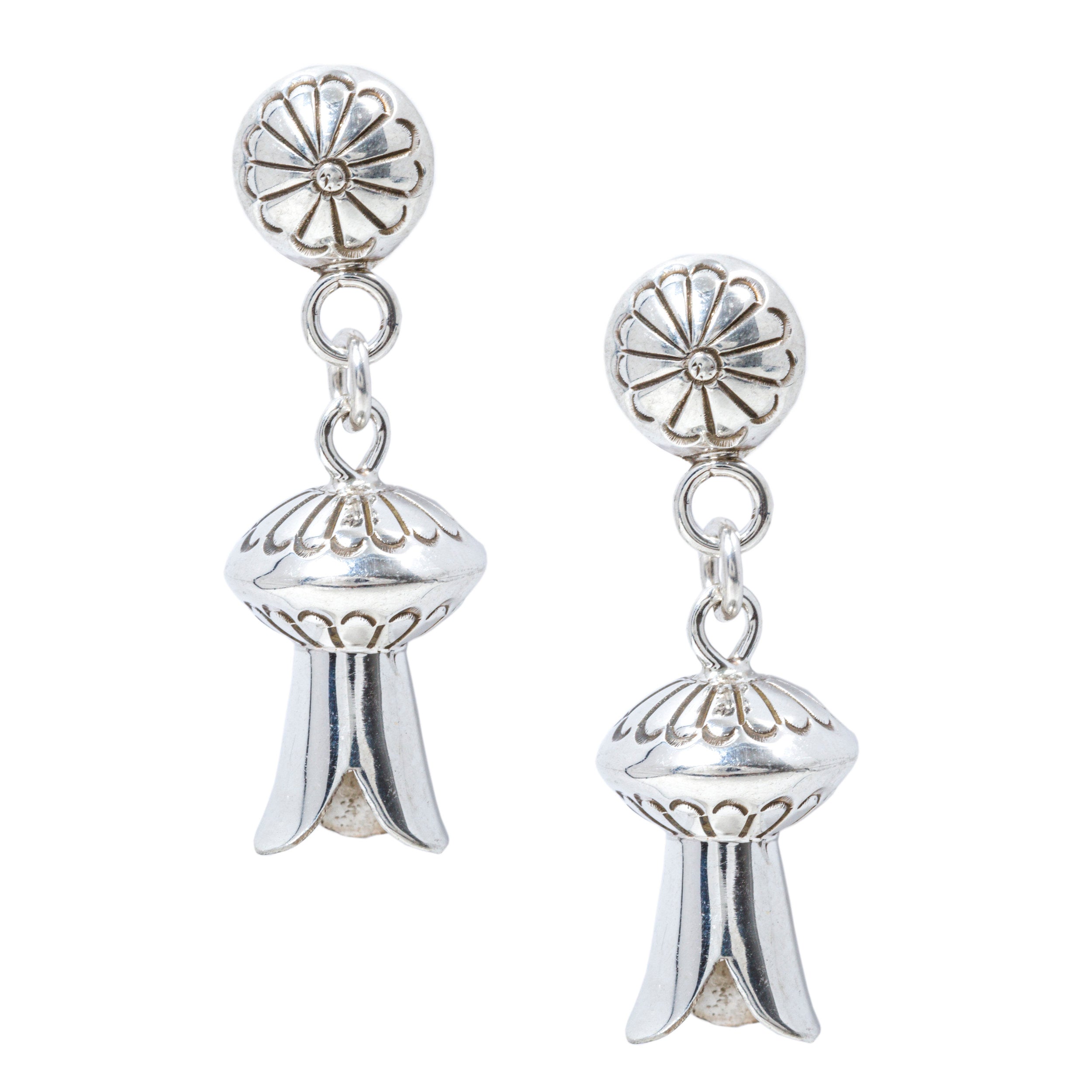 Hand crafted sterling silver stamped squash blossom earrings from Marie Yazzie. Native made. Made in the USA.