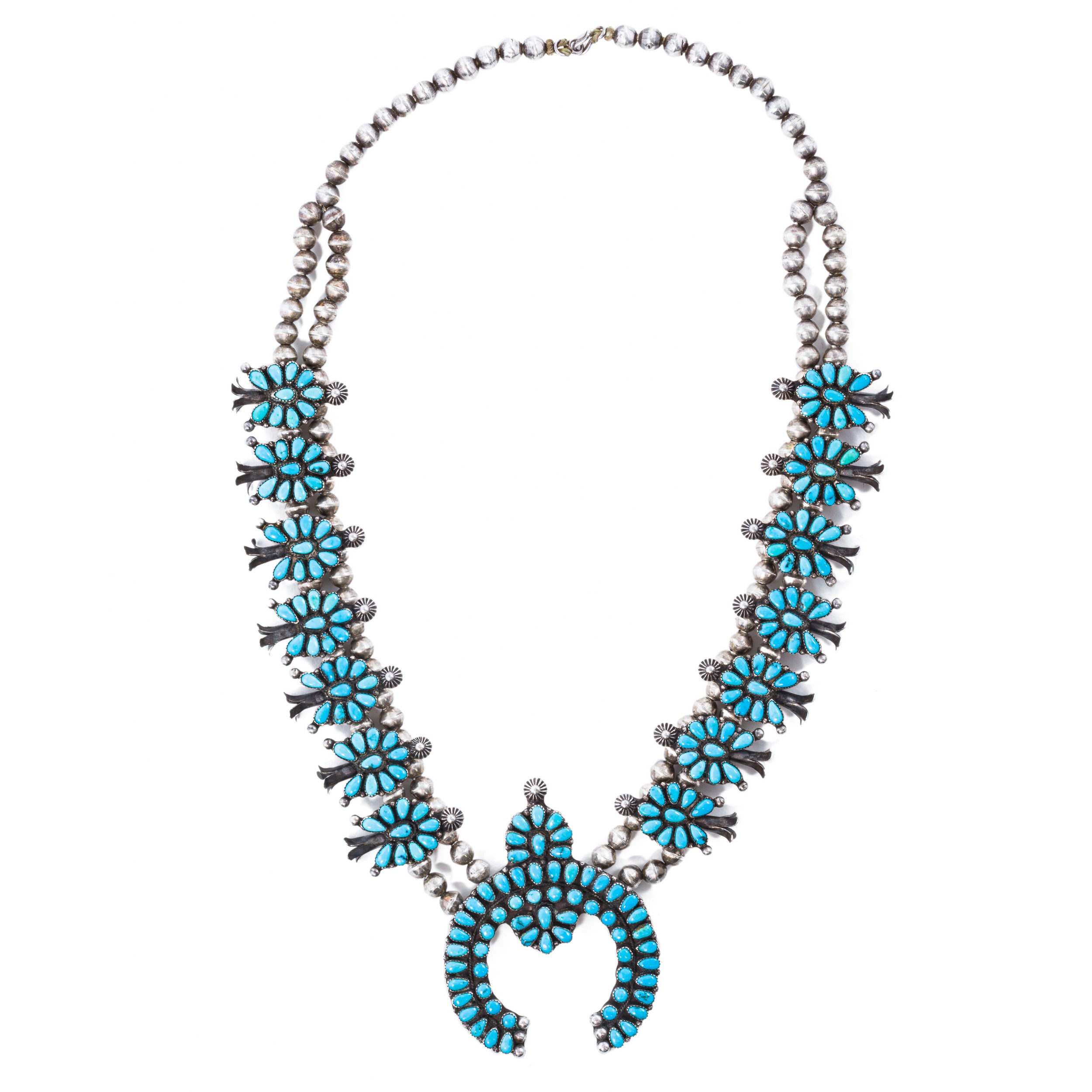 Vintage Zuni Morenci Turquoise Squash Blossom Necklace, c. 1940